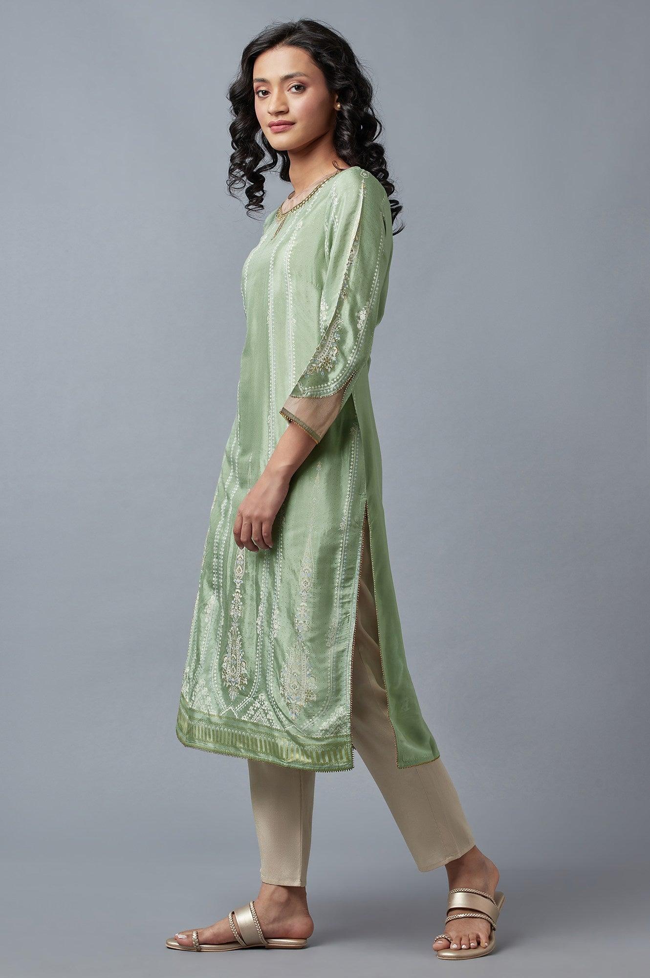 Light Green And Pink Festive kurta With Embroidery - Image 3