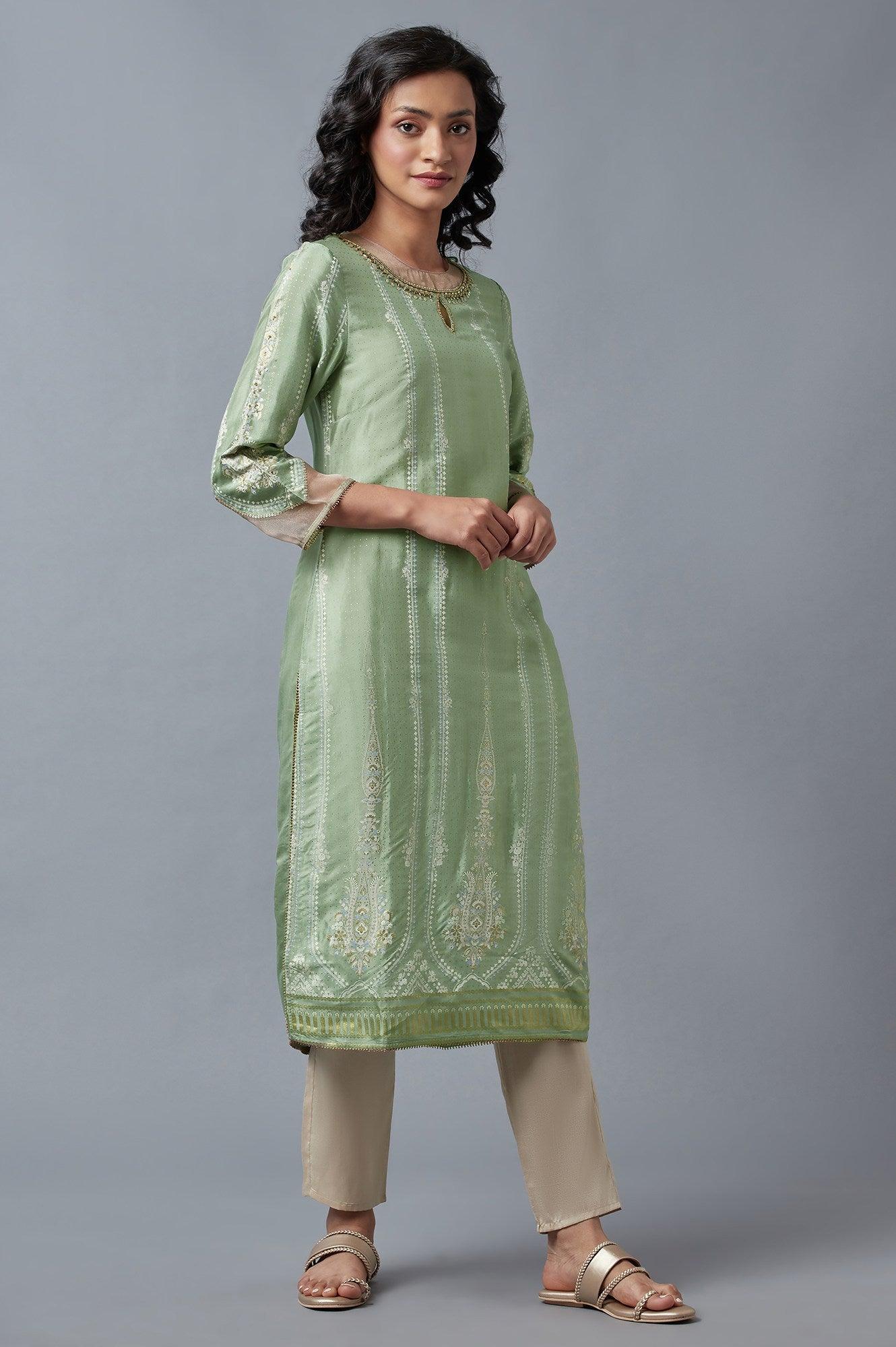 Light Green And Pink Festive kurta With Embroidery - Image 4