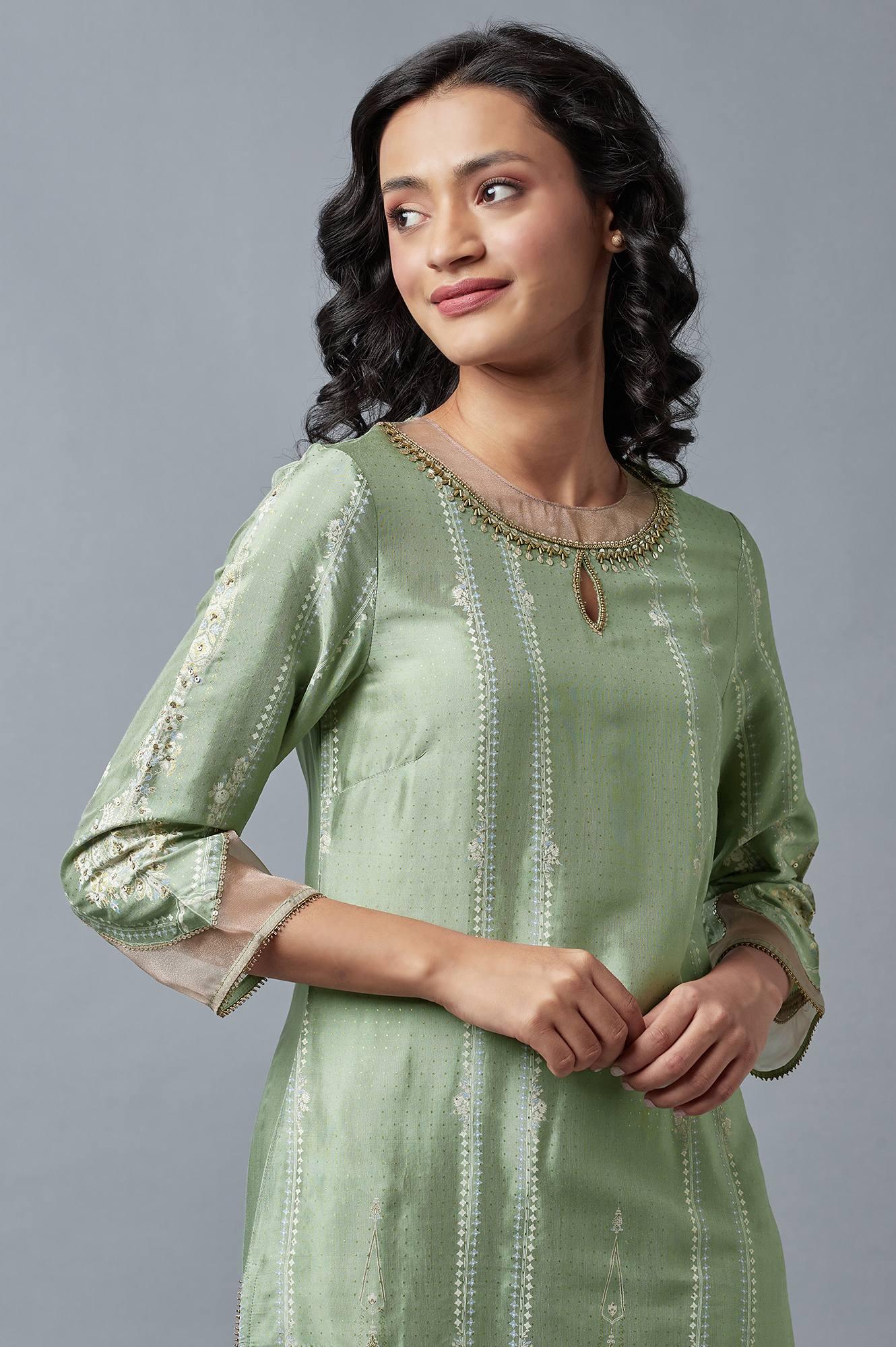 Light Green And Pink Festive kurta With Embroidery - Image 5