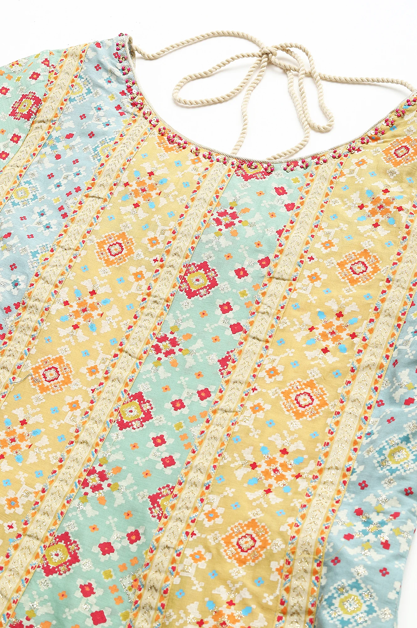 Light Green and Yellow Panelled Kurta with Bead work - Image 2