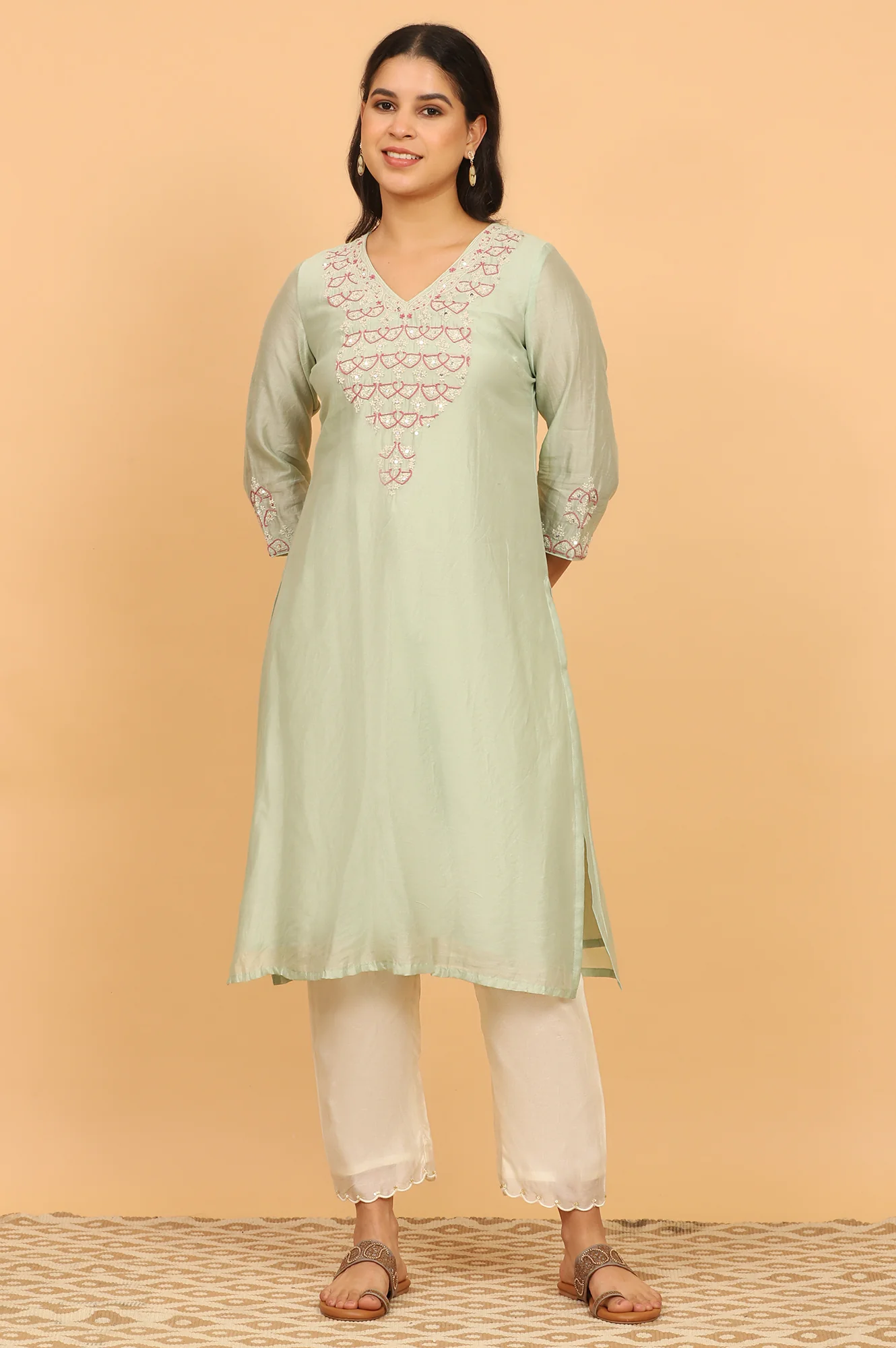 Light Green Chikankari Kurta in Cotton Silk - Image 2