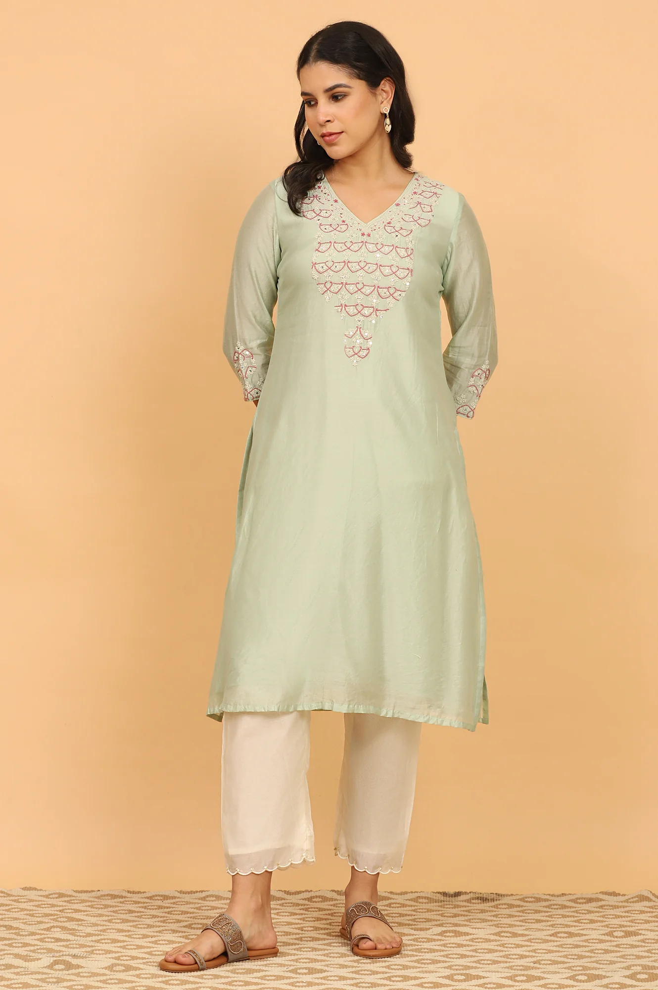 Light Green Chikankari Kurta in Cotton Silk - Image 3