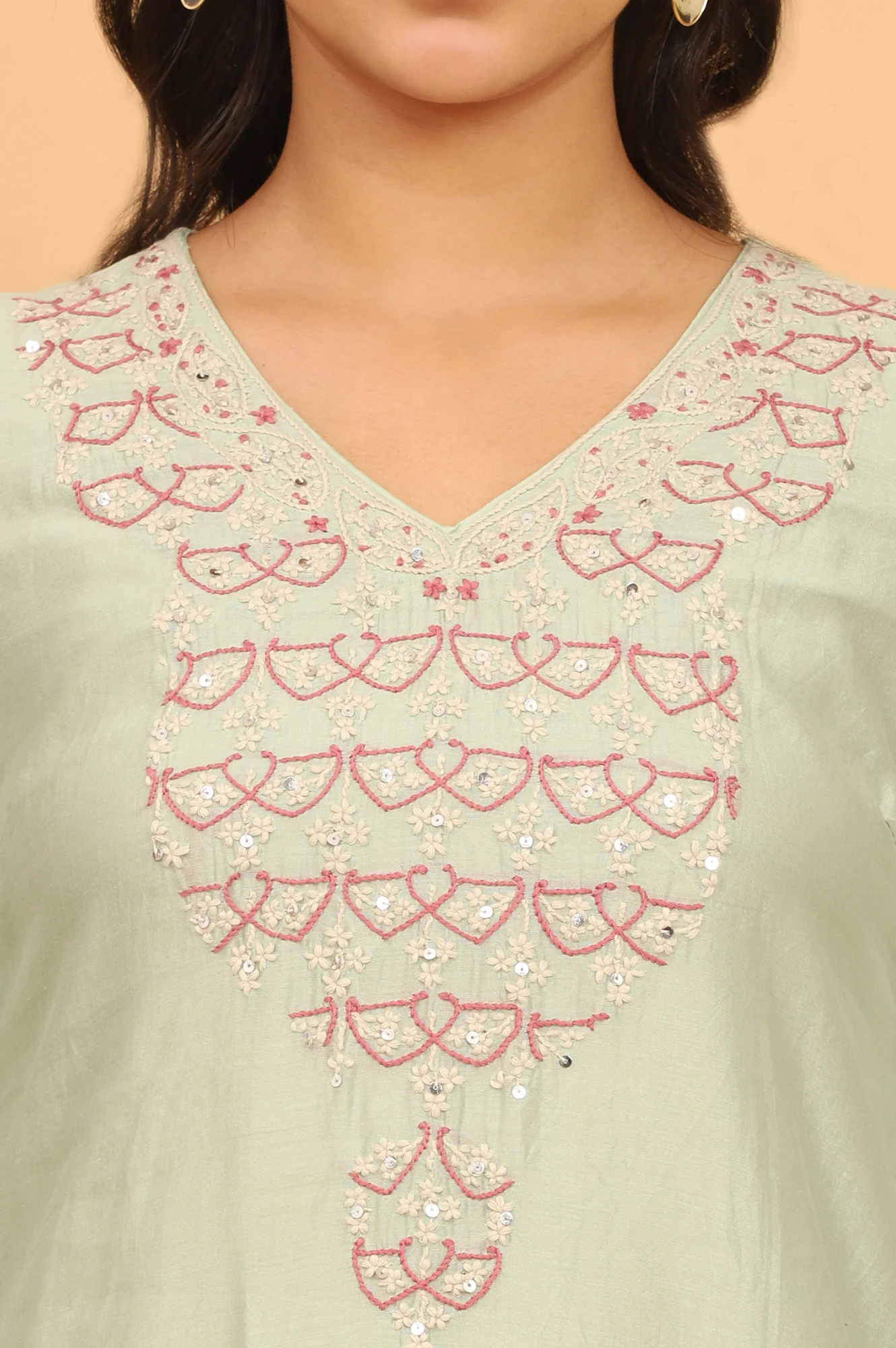 Light Green Chikankari Kurta in Cotton Silk - Image 4