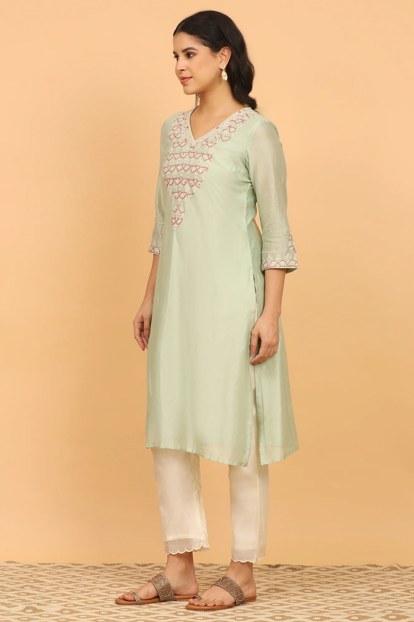 Light Green Chikankari Kurta in Cotton Silk - Image 5