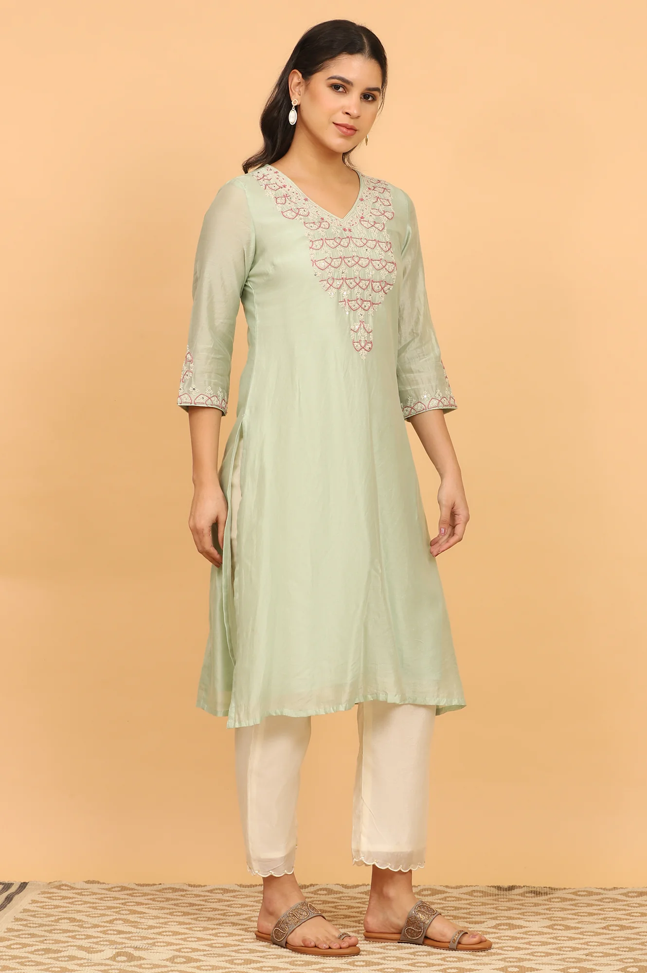 Light Green Chikankari Kurta in Cotton Silk - Image 7