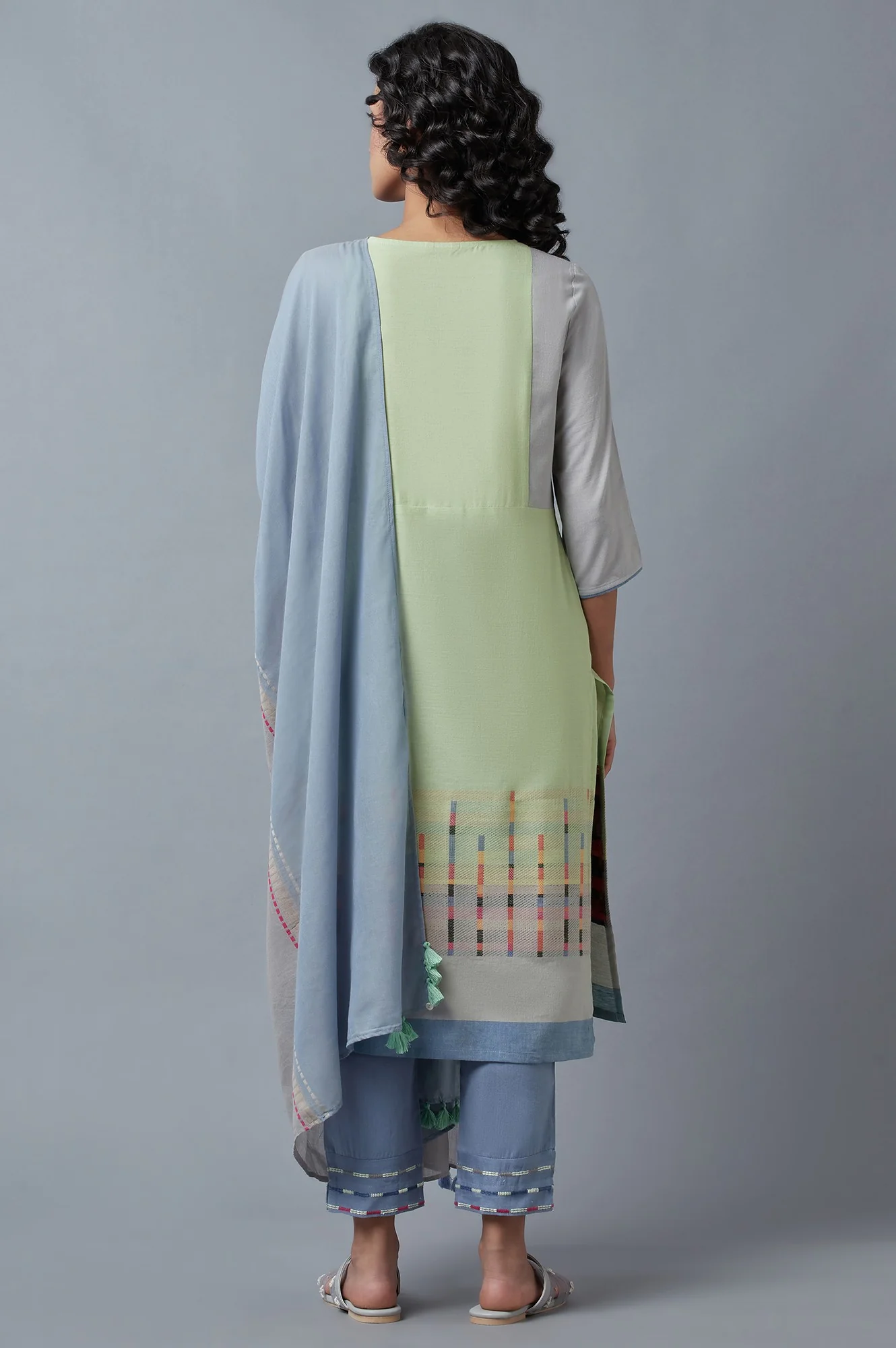 Light Green Cotton Dobby kurta With Blue Slim Pants And Dupatta - Image 3