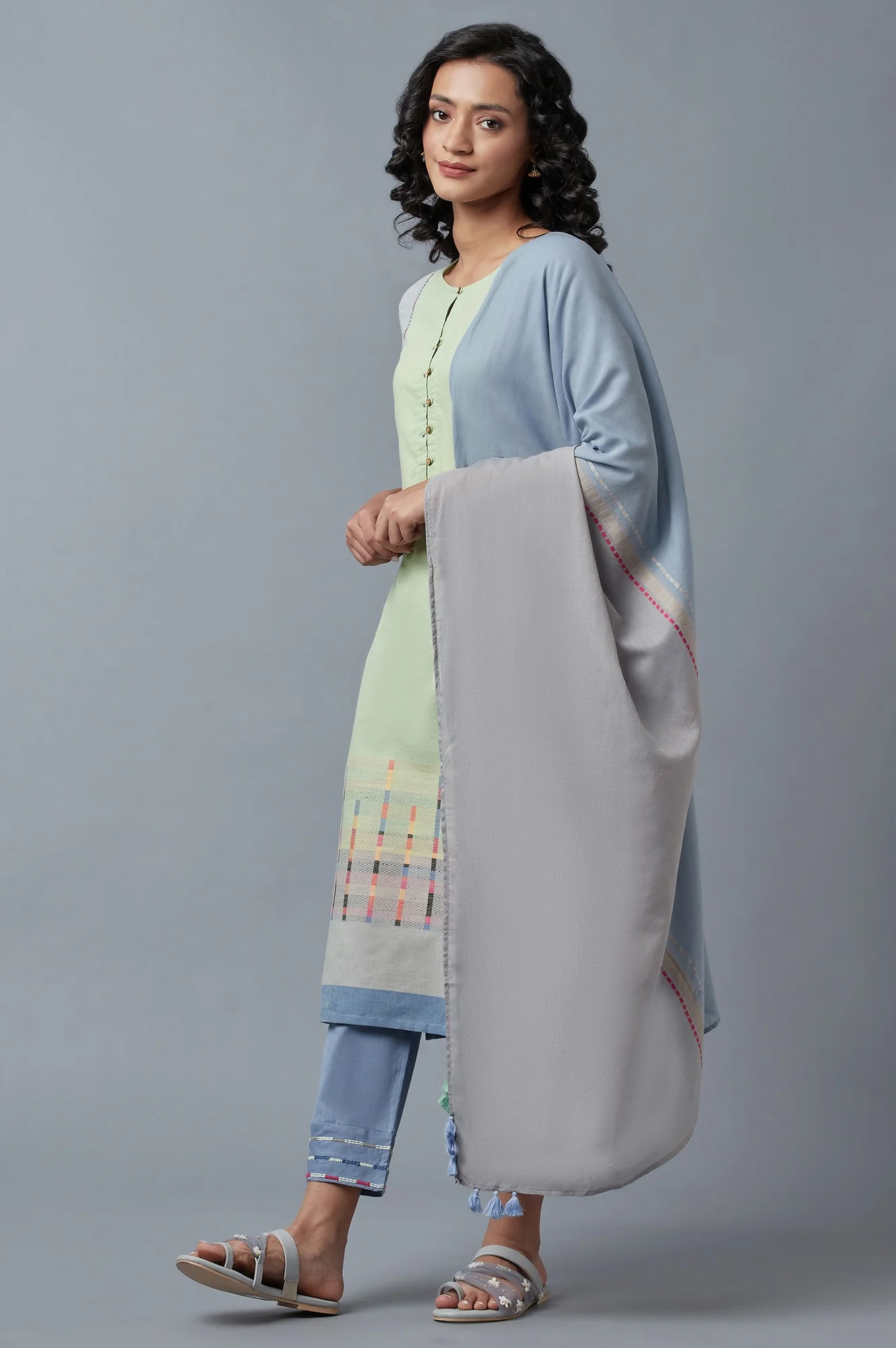 Light Green Cotton Dobby kurta With Blue Slim Pants And Dupatta - Image 4