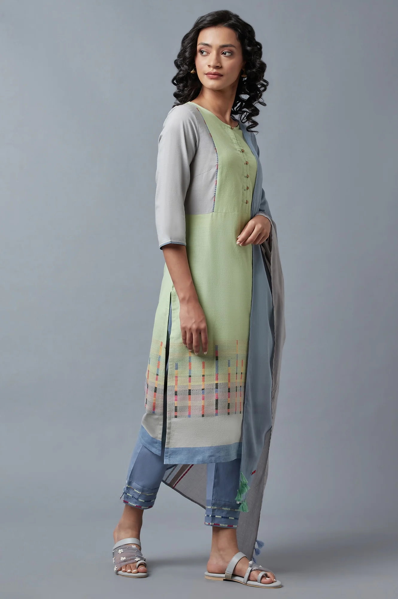 Light Green Cotton Dobby kurta With Blue Slim Pants And Dupatta - Image 5