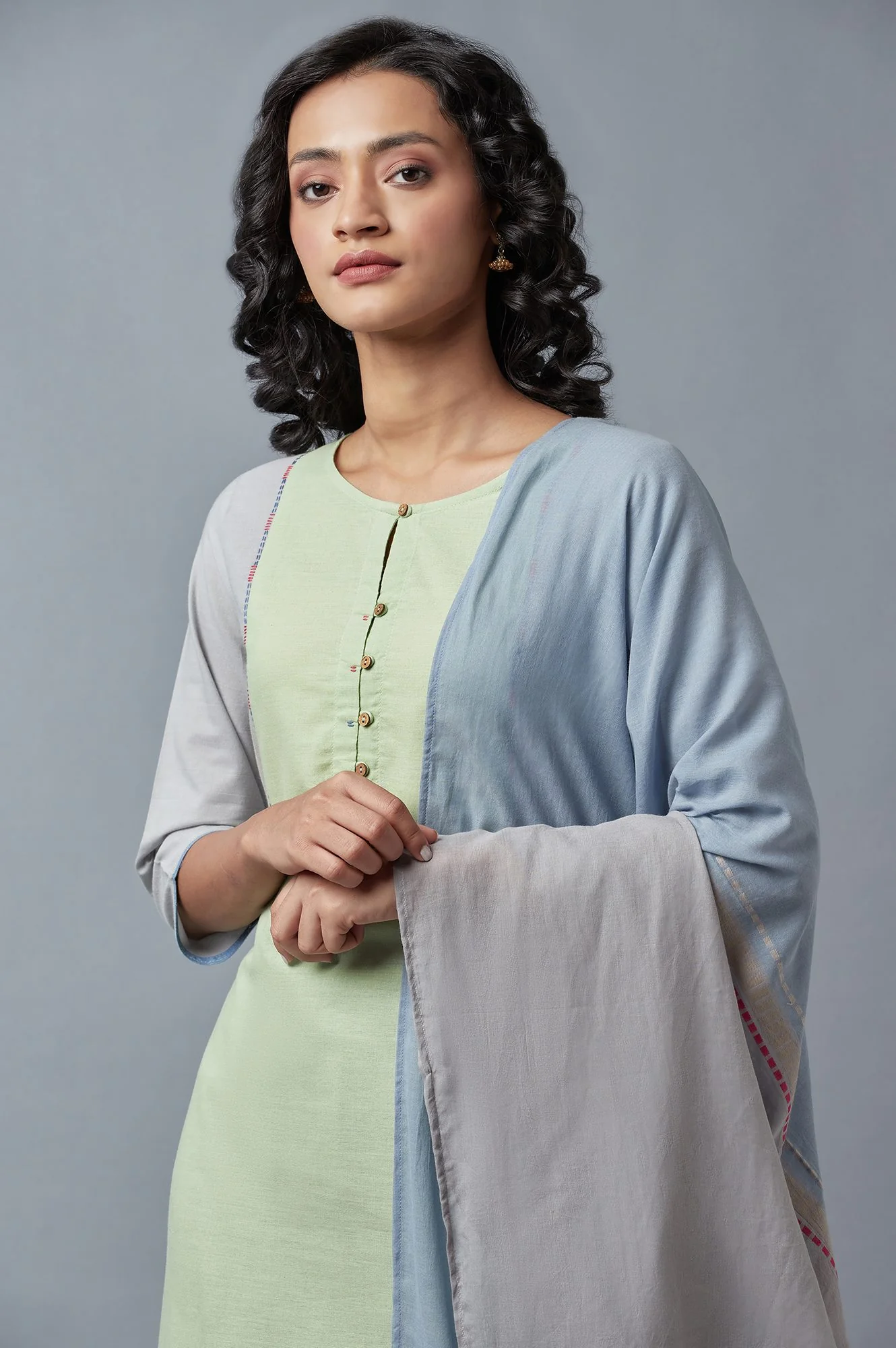 Light Green Cotton Dobby kurta With Blue Slim Pants And Dupatta - Image 6