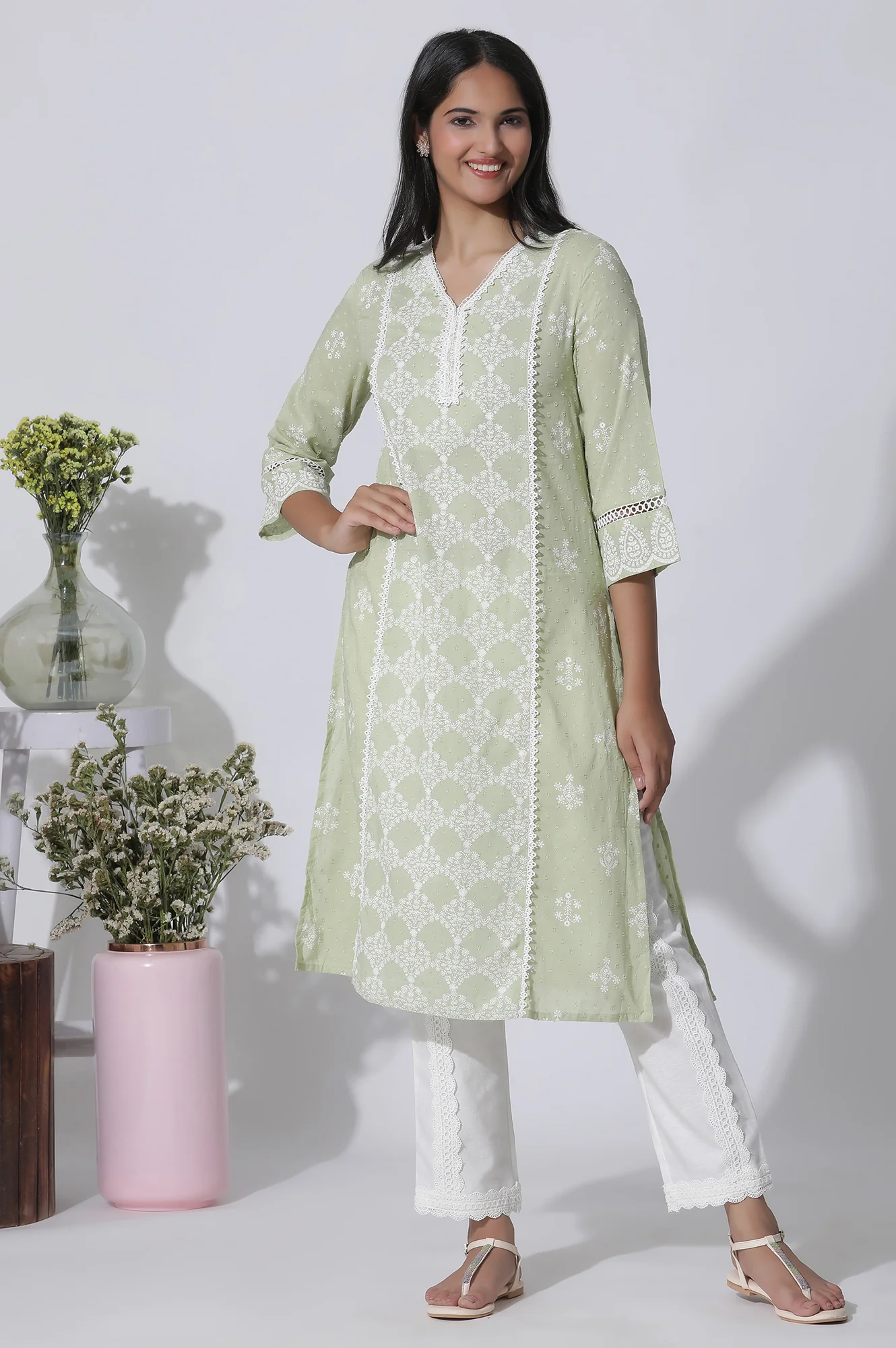 Light Green Printed Cotton Kurta with Lace Detailing