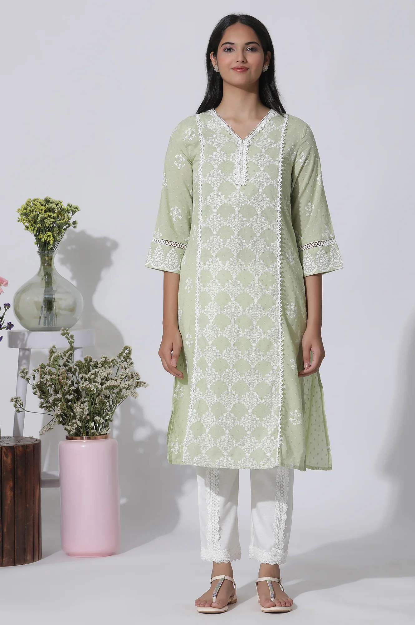 Light Green Printed Cotton Kurta with Lace Detailing - Image 2