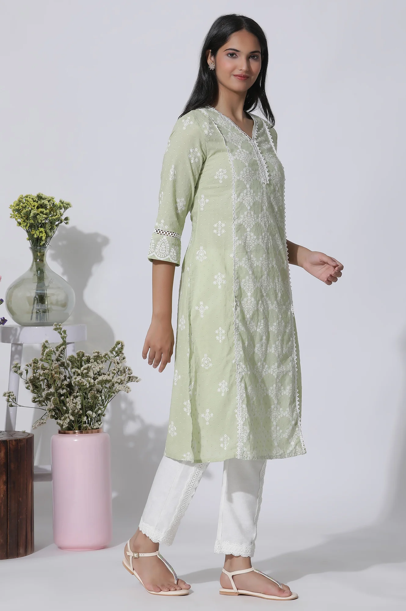 Light Green Printed Cotton Kurta with Lace Detailing - Image 3