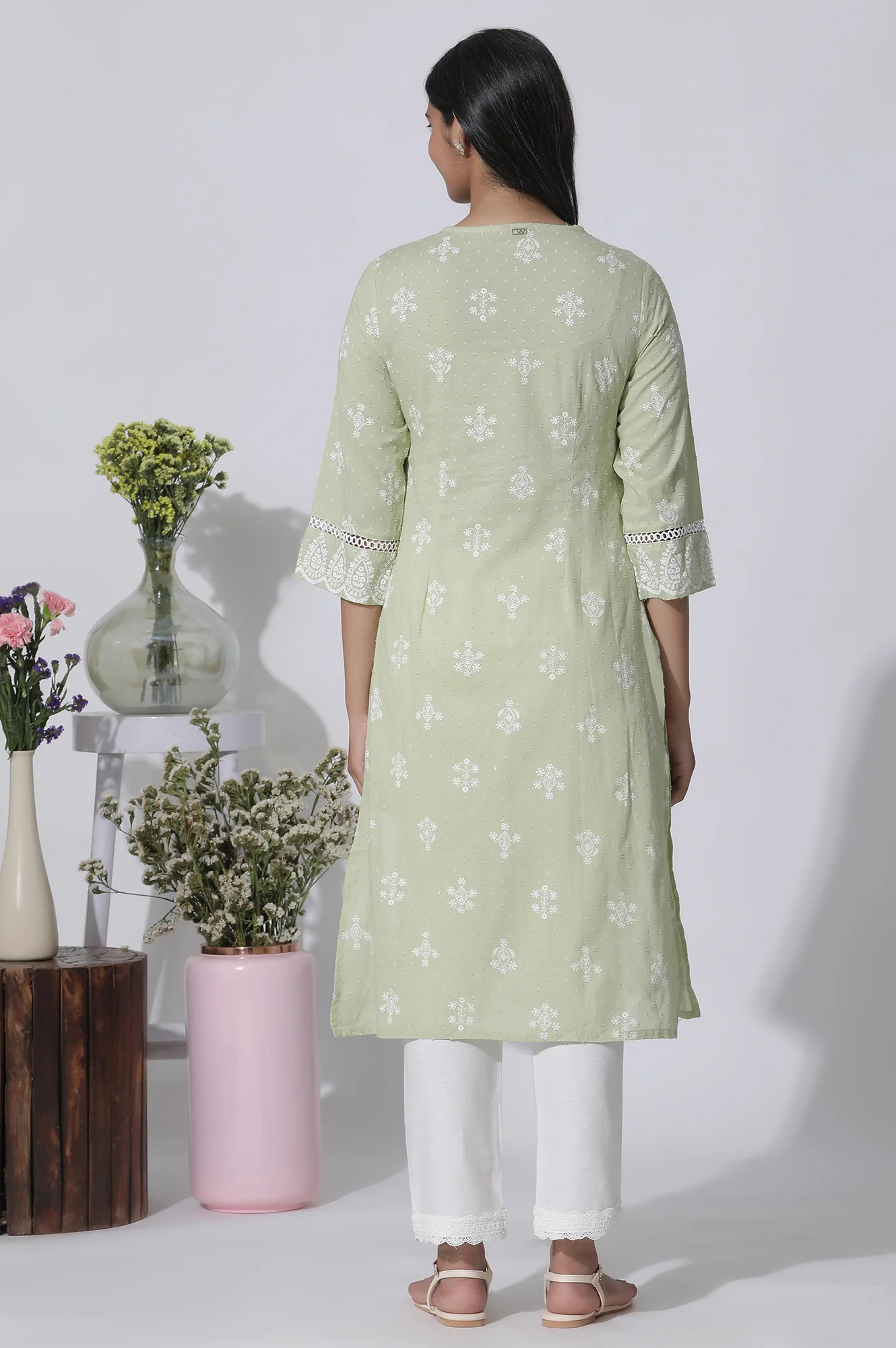 Light Green Printed Cotton Kurta with Lace Detailing - Image 5