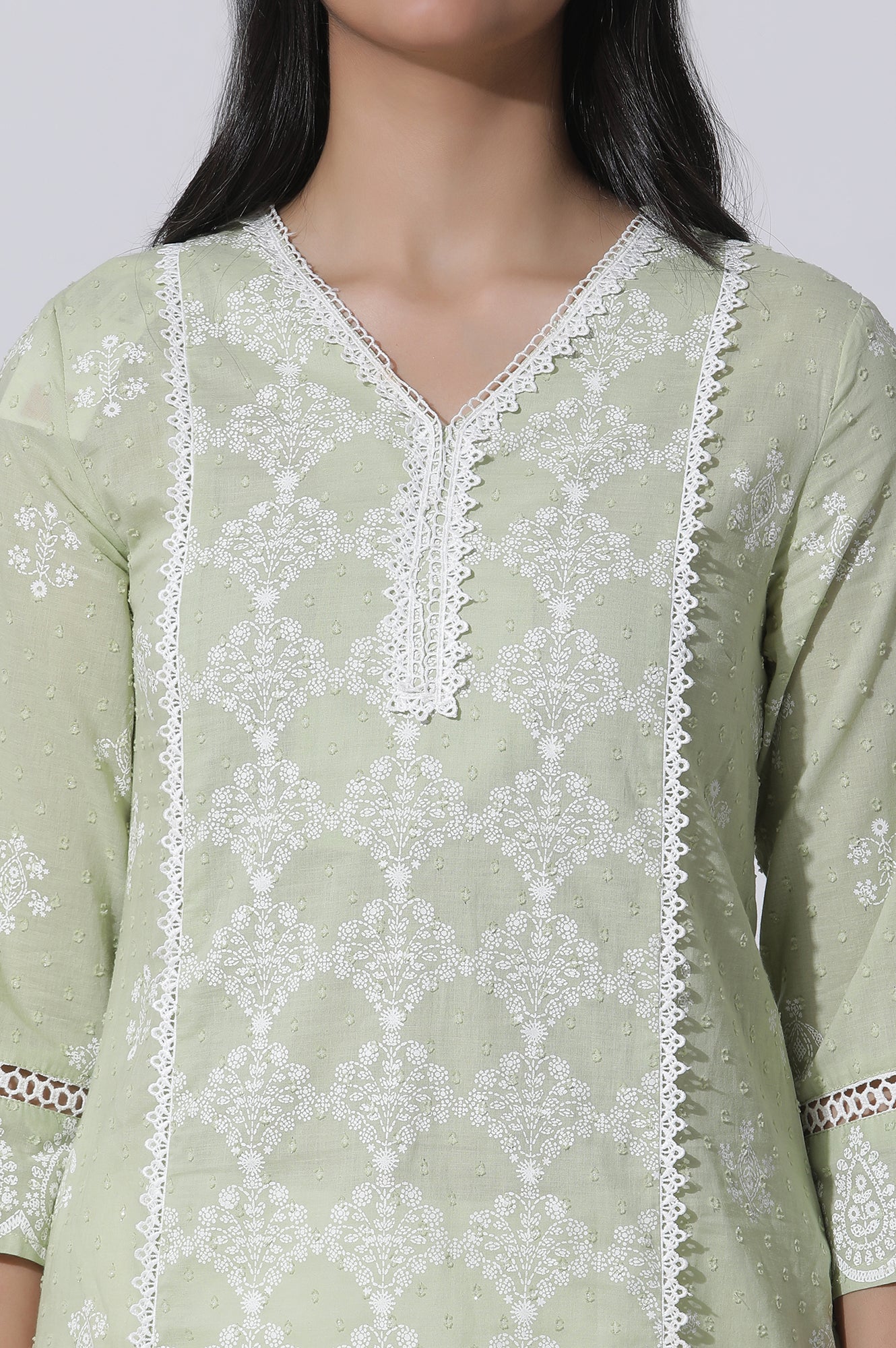 Light Green Printed Cotton Kurta with Lace Detailing - Image 6