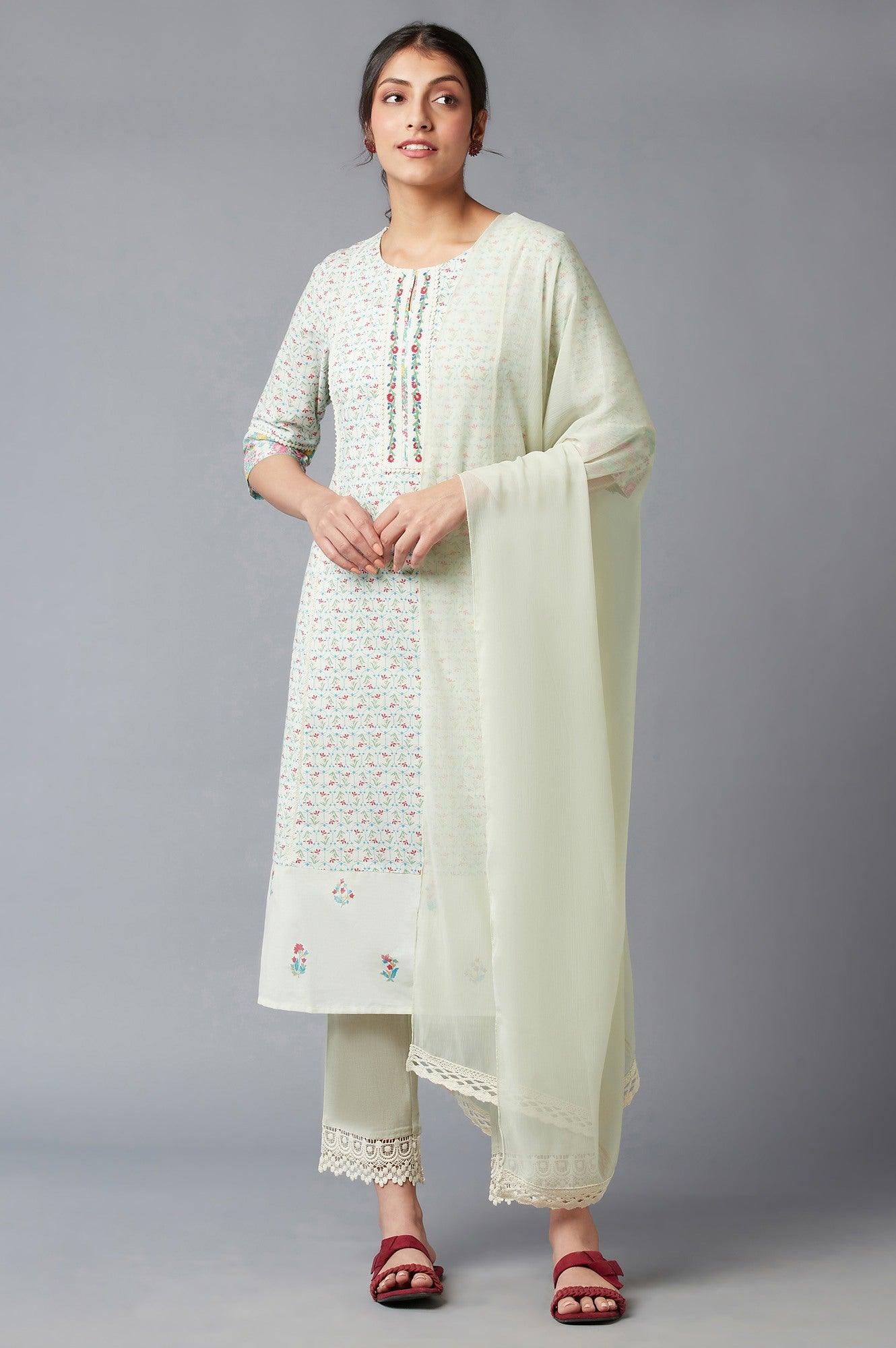 Light Green Embroidered kurta In Keyhole Neckline With Straight Pants And Chiffon Dupatta