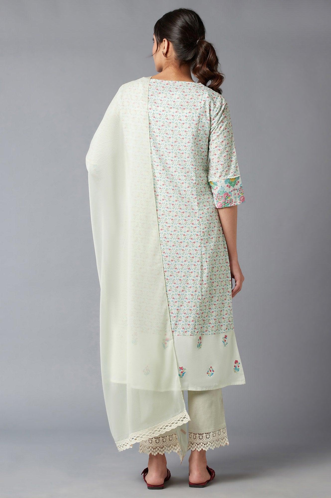 Light Green Embroidered kurta In Keyhole Neckline With Straight Pants And Chiffon Dupatta - Image 2