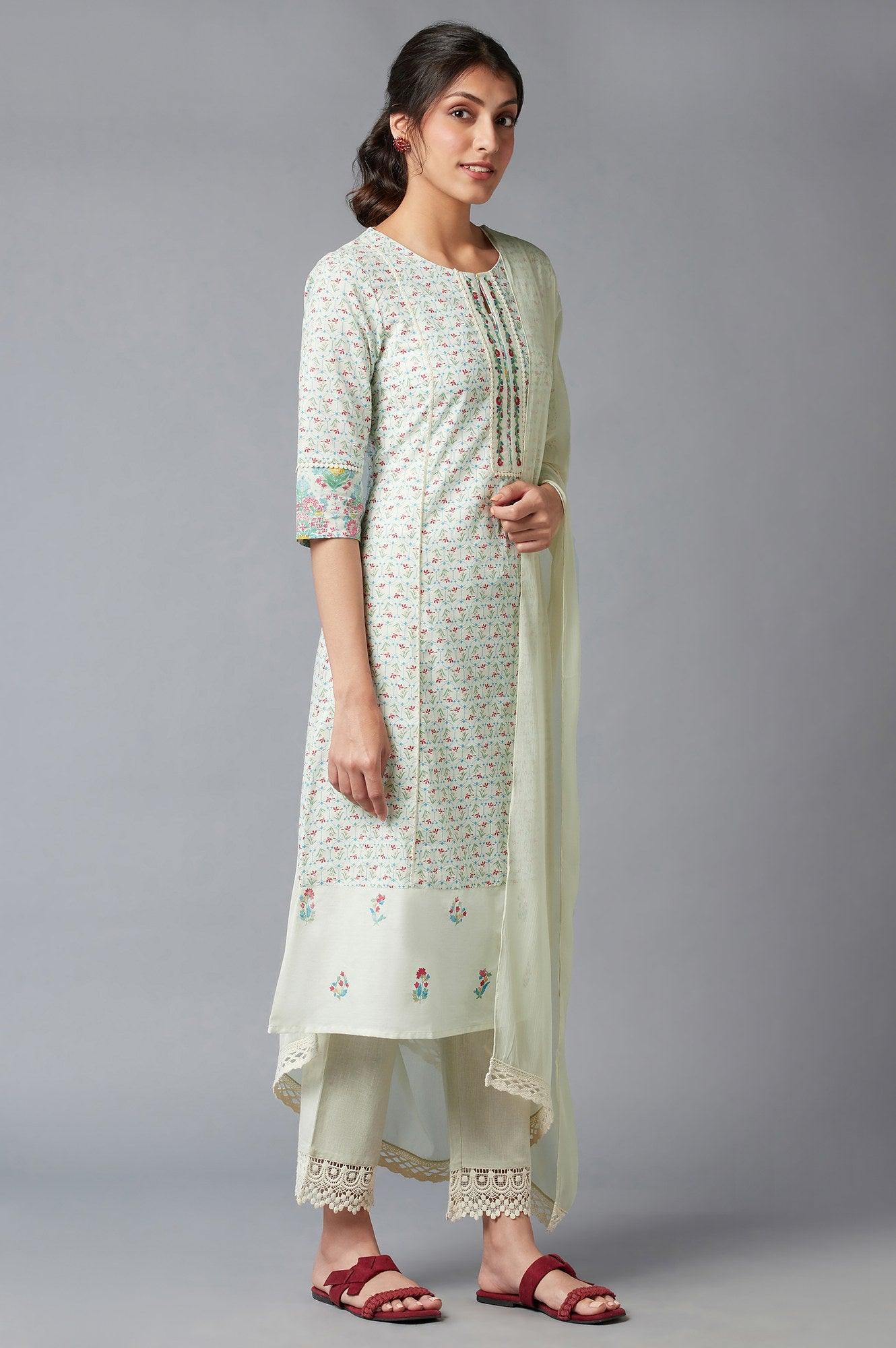 Light Green Embroidered kurta In Keyhole Neckline With Straight Pants And Chiffon Dupatta - Image 4