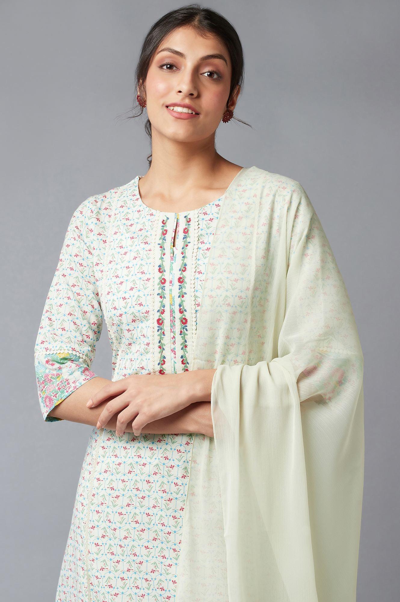 Light Green Embroidered kurta In Keyhole Neckline With Straight Pants And Chiffon Dupatta - Image 5