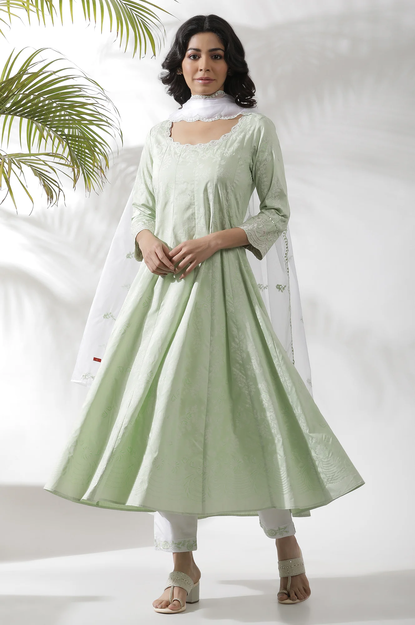 Light Green Embroidered Panelled Kurta, Pants And Dupatta Set - Image 2