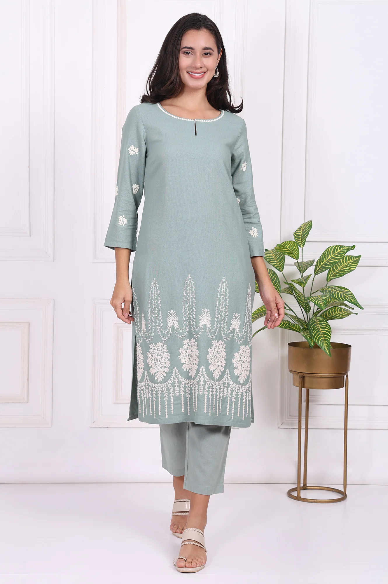 Light Green Embroidered Rayon Straight Kurta and Straight Pants Co-ord Set - Image 2