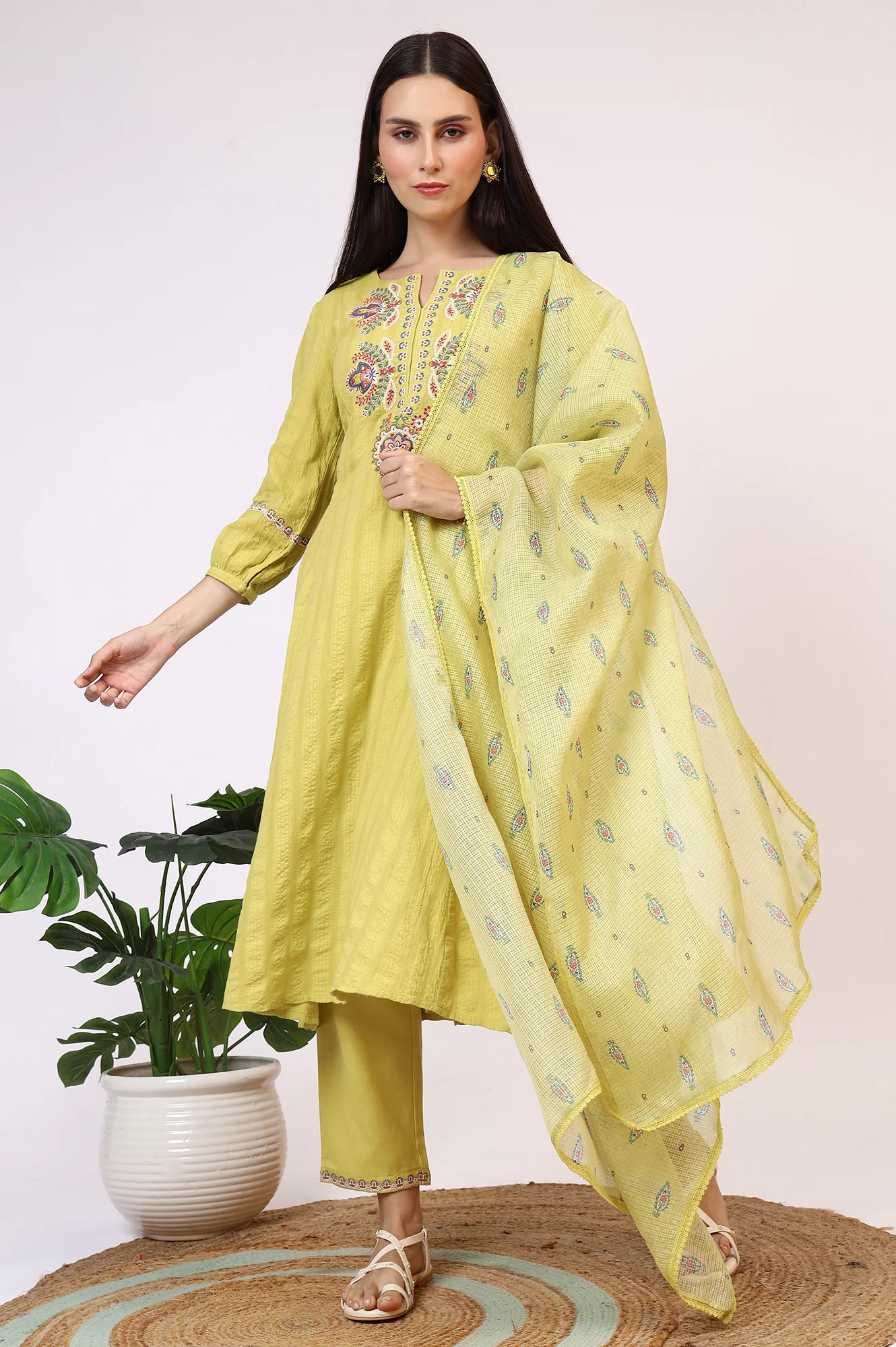 Light Green Embroidered Textured Cotton Flared Kurta, Pants and Dupatta Set - Image 2