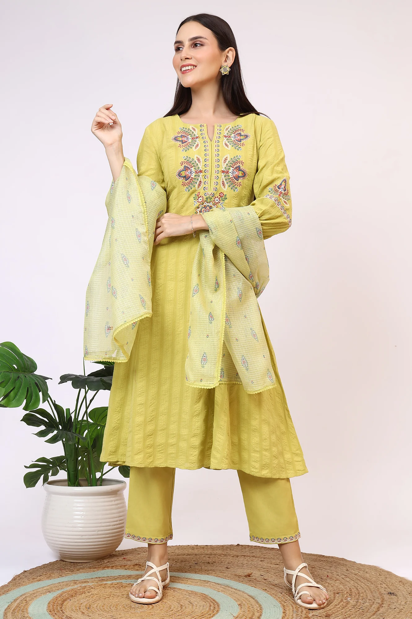 Light Green Embroidered Textured Cotton Flared Kurta, Pants and Dupatta Set - Image 3