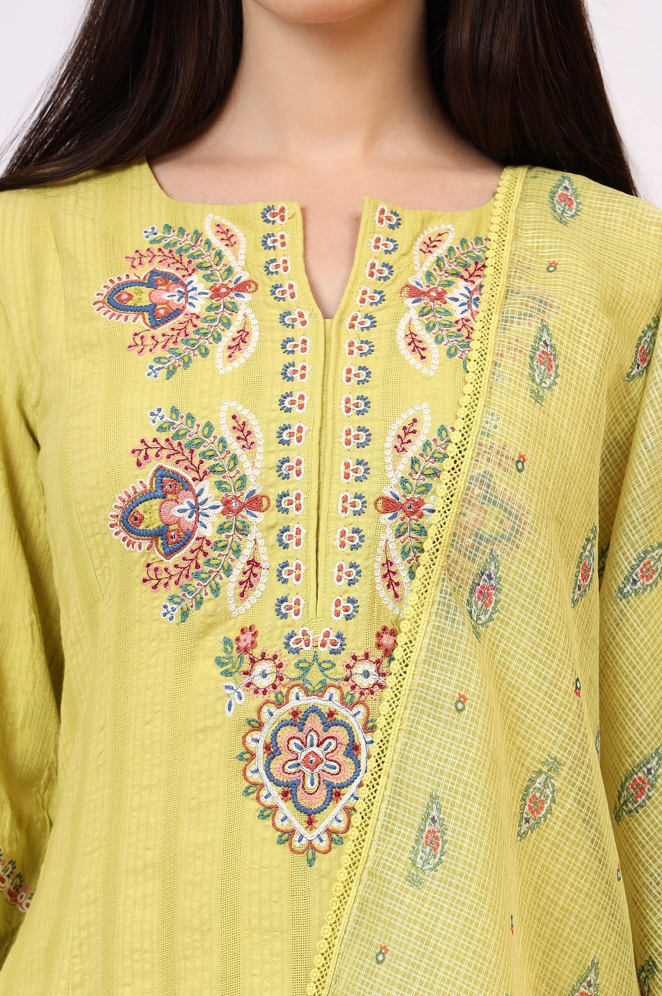 Light Green Embroidered Textured Cotton Flared Kurta, Pants and Dupatta Set - Image 4