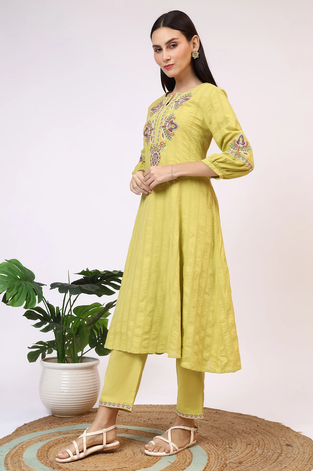 Light Green Embroidered Textured Cotton Flared Kurta, Pants and Dupatta Set - Image 5