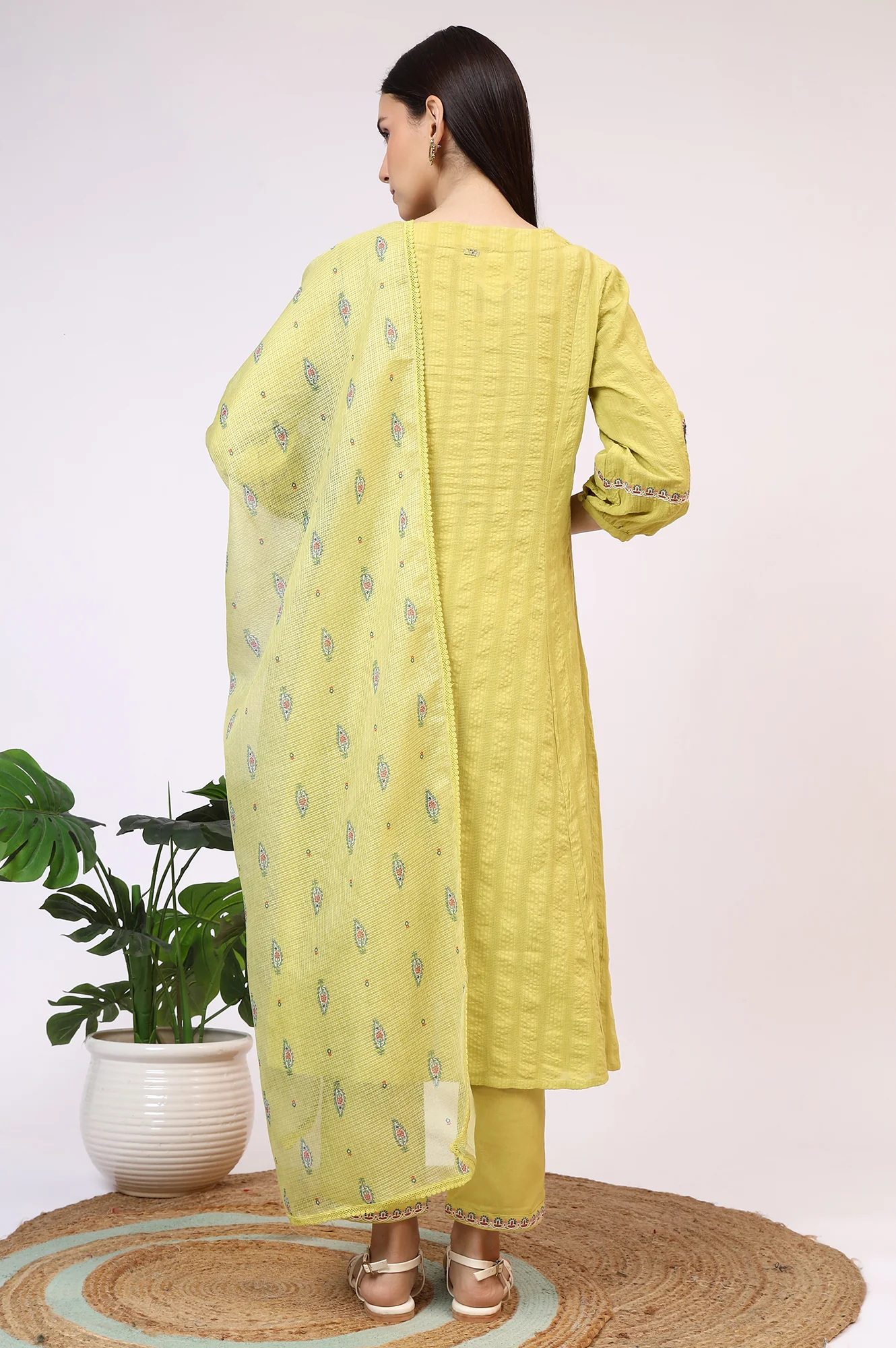 Light Green Embroidered Textured Cotton Flared Kurta, Pants and Dupatta Set - Image 6