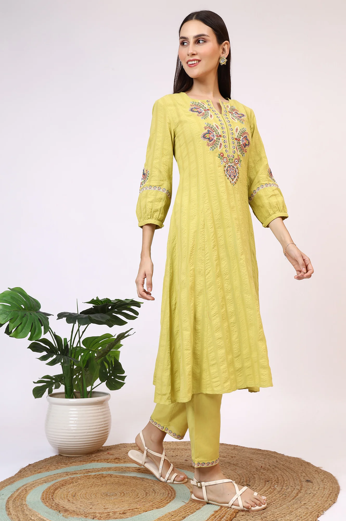 Light Green Embroidered Textured Cotton Flared Kurta, Pants and Dupatta Set - Image 7