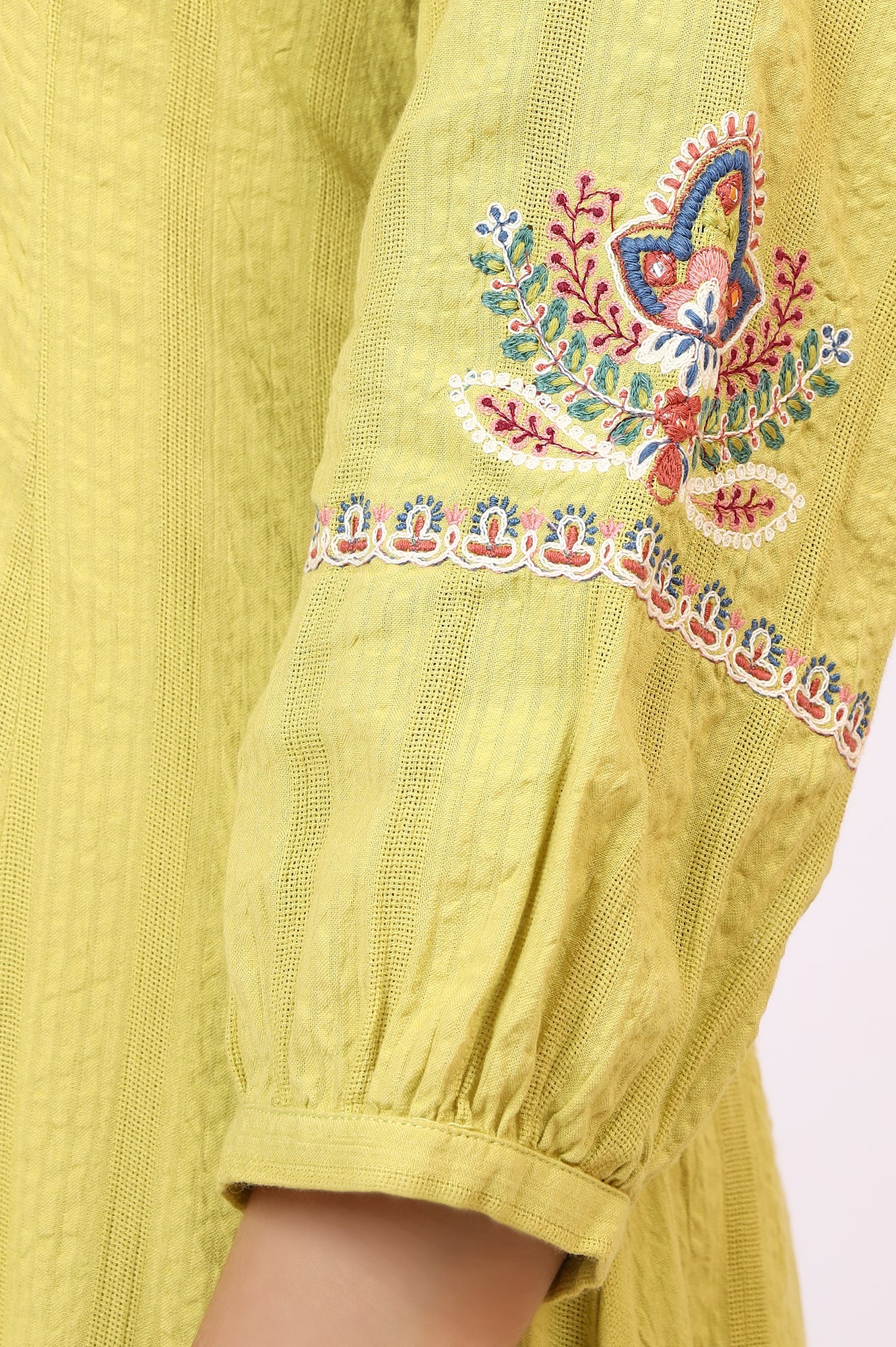 Light Green Embroidered Textured Cotton Flared Kurta, Pants and Dupatta Set - Image 9