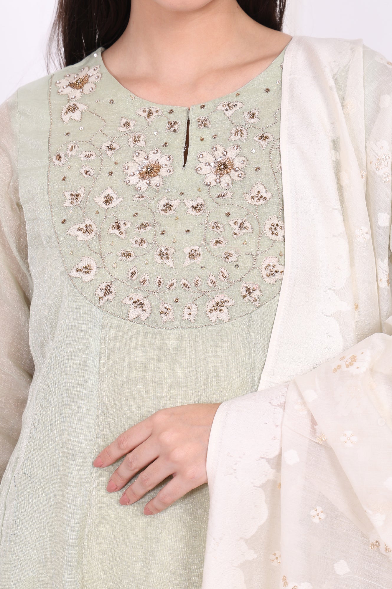 Light Green Embroidered Silk Blend Straight Kurta, Pants and Dupatta Set - Image 3