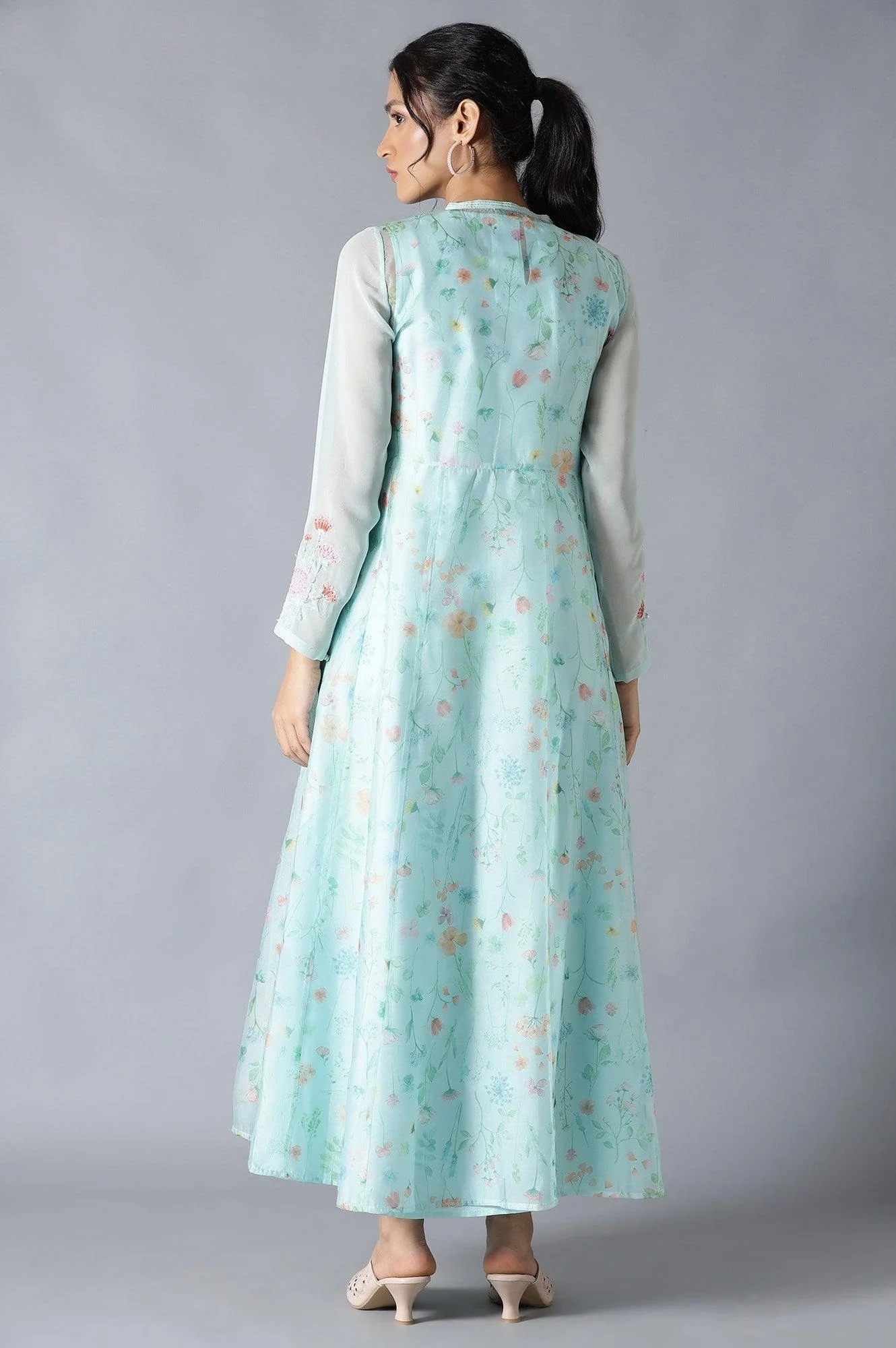 Light Green Floral Organza Dress With Inner - Image 2