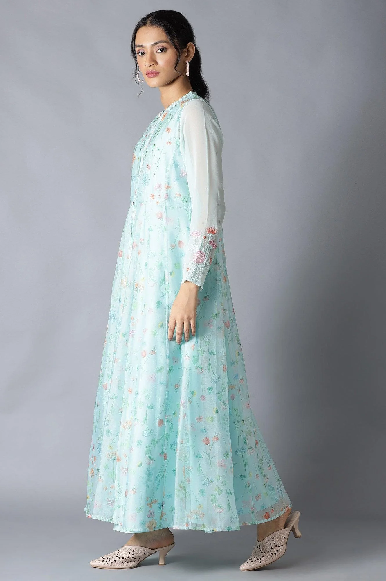 Light Green Floral Organza Dress With Inner - Image 3