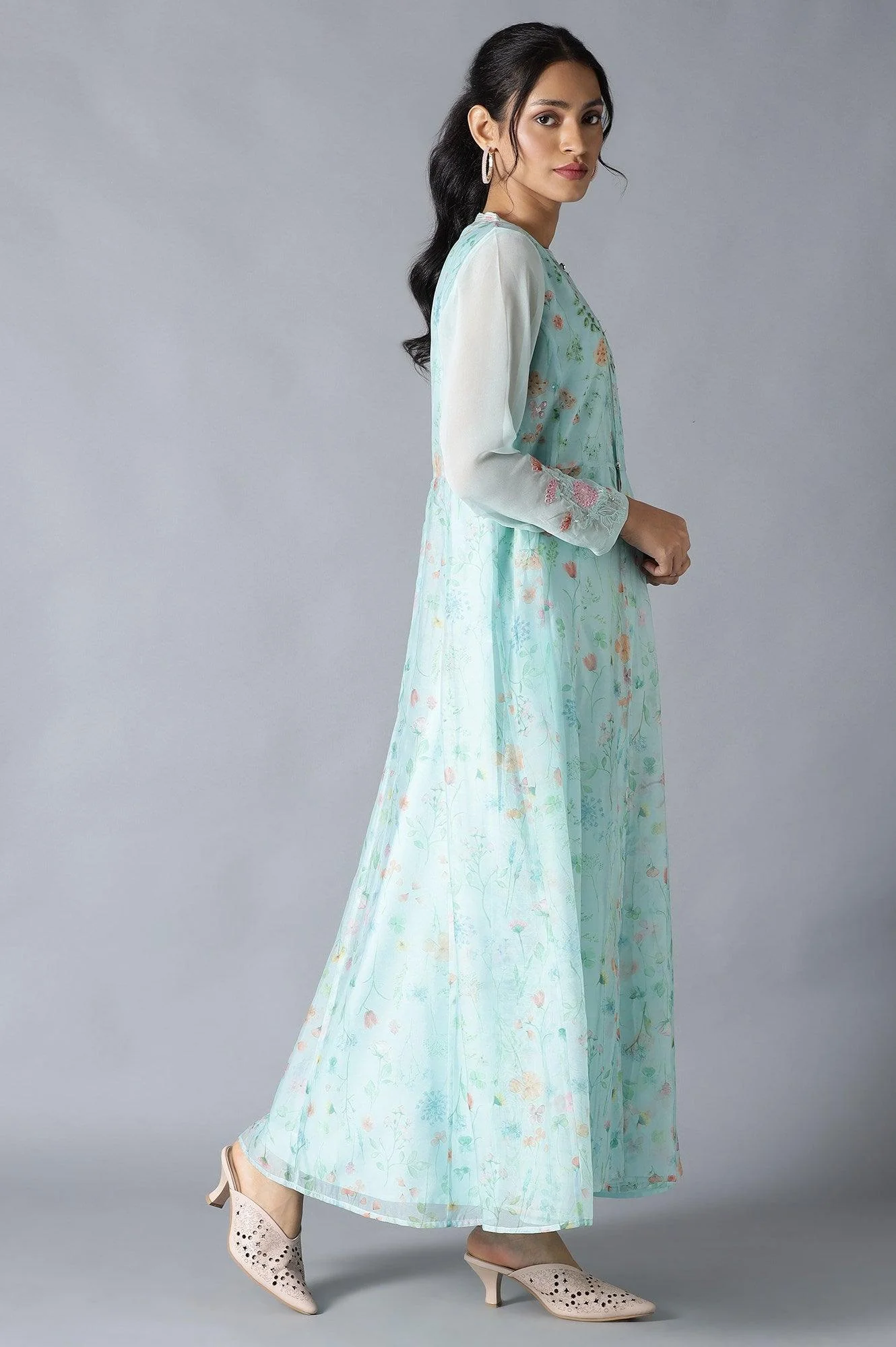 Light Green Floral Organza Dress With Inner - Image 4