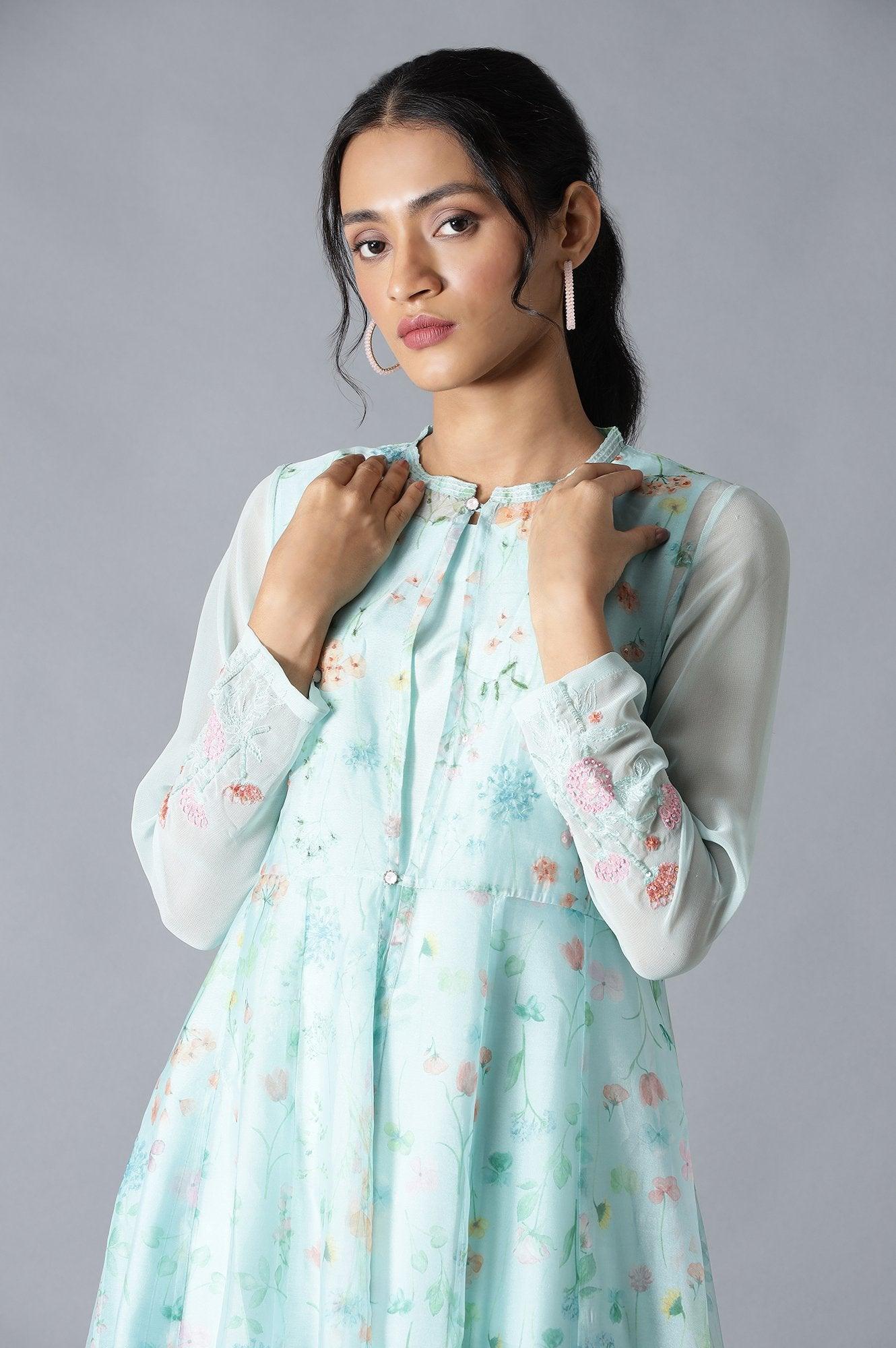 Light Green Floral Organza Dress With Inner - Image 5