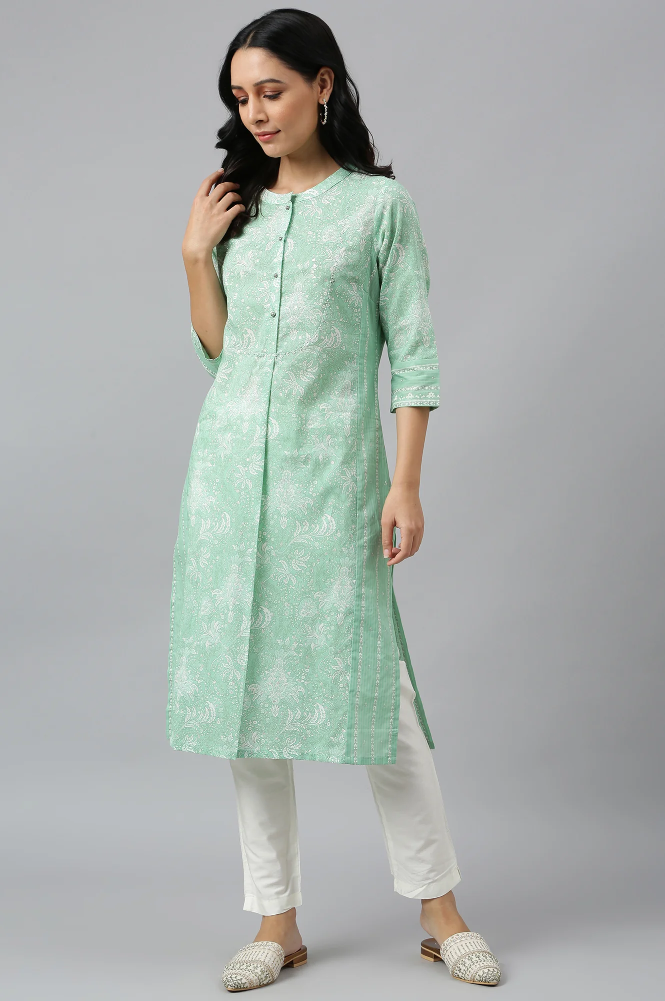 Light Green Floral Printed Button Down kurta - Image 3