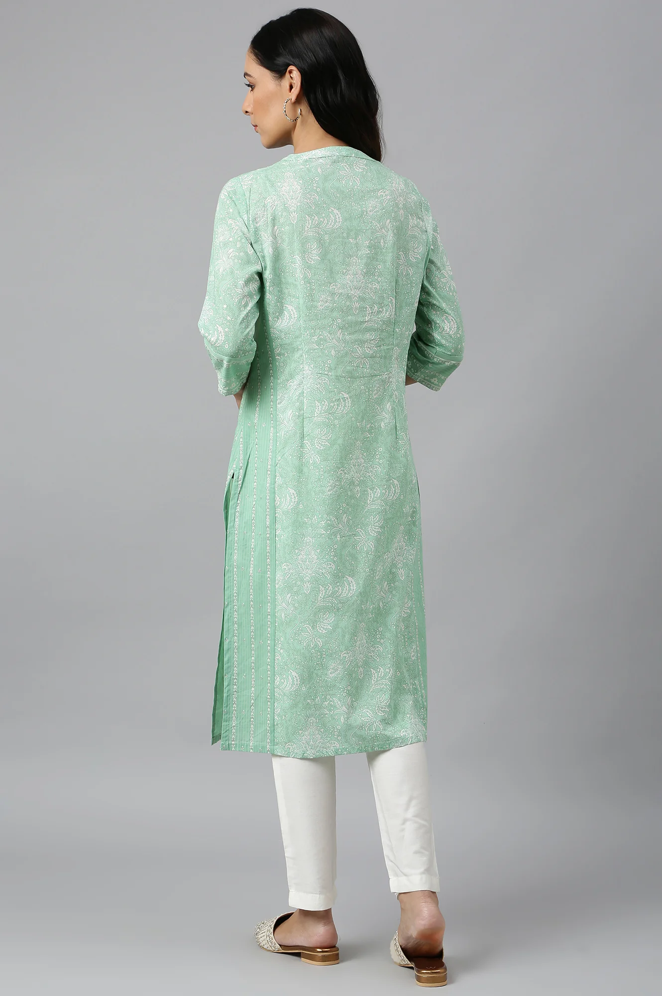 Light Green Floral Printed Button Down kurta - Image 4