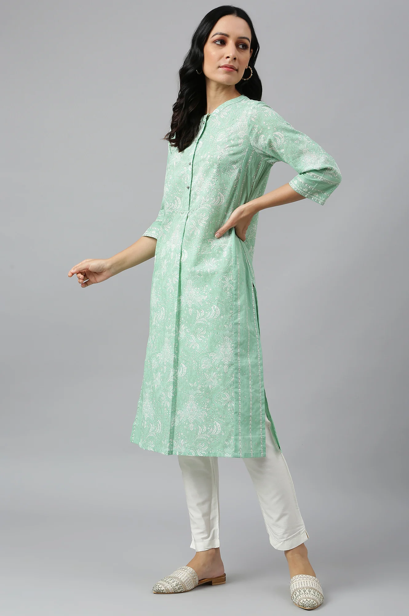 Light Green Floral Printed Button Down kurta - Image 5