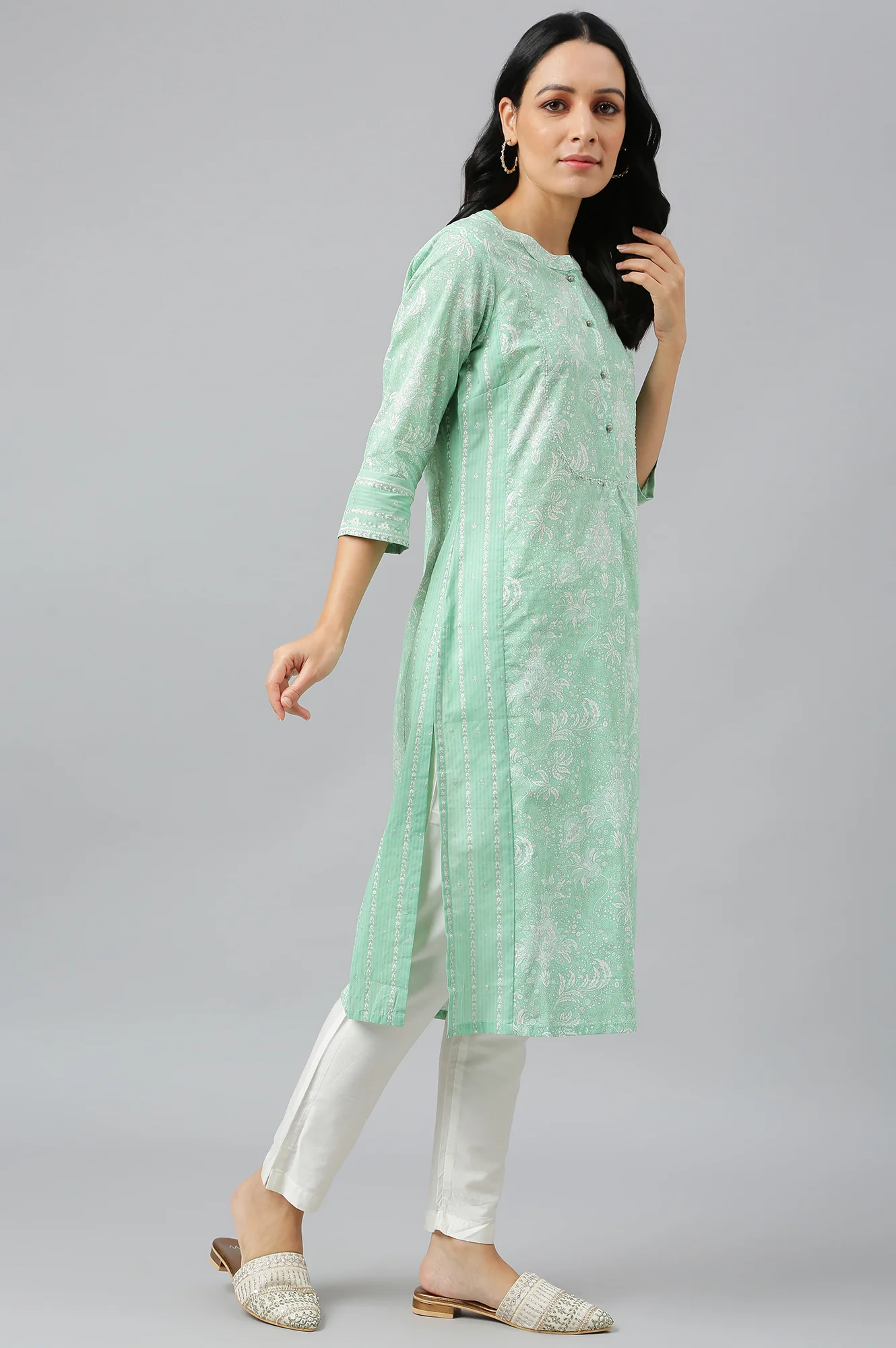 Light Green Floral Printed Button Down kurta - Image 6