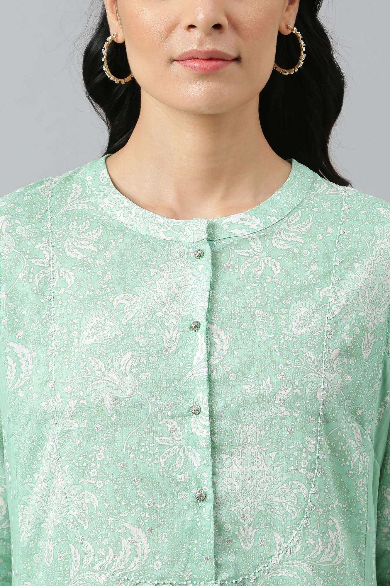 Light Green Floral Printed Button Down kurta - Image 8