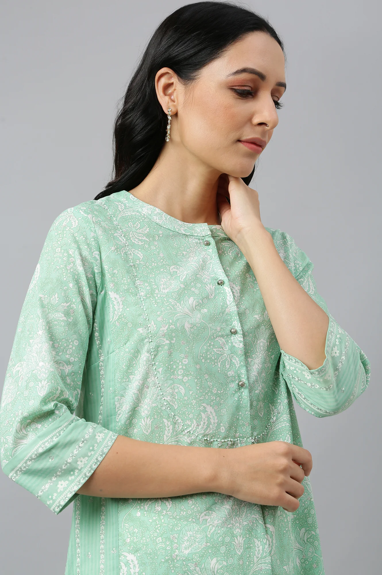 Light Green Floral Printed Button Down kurta - Image 9
