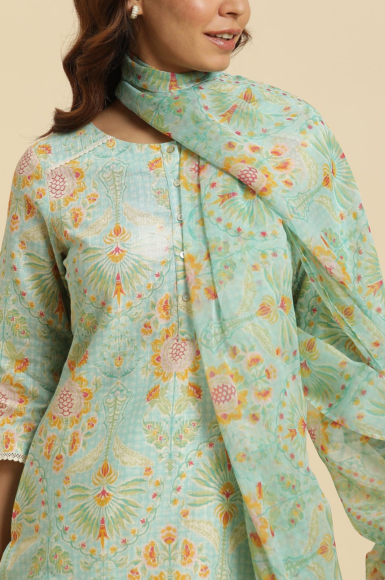 Light Green Floral Printed Kurta, Pants & Dupatta Set - Image 6