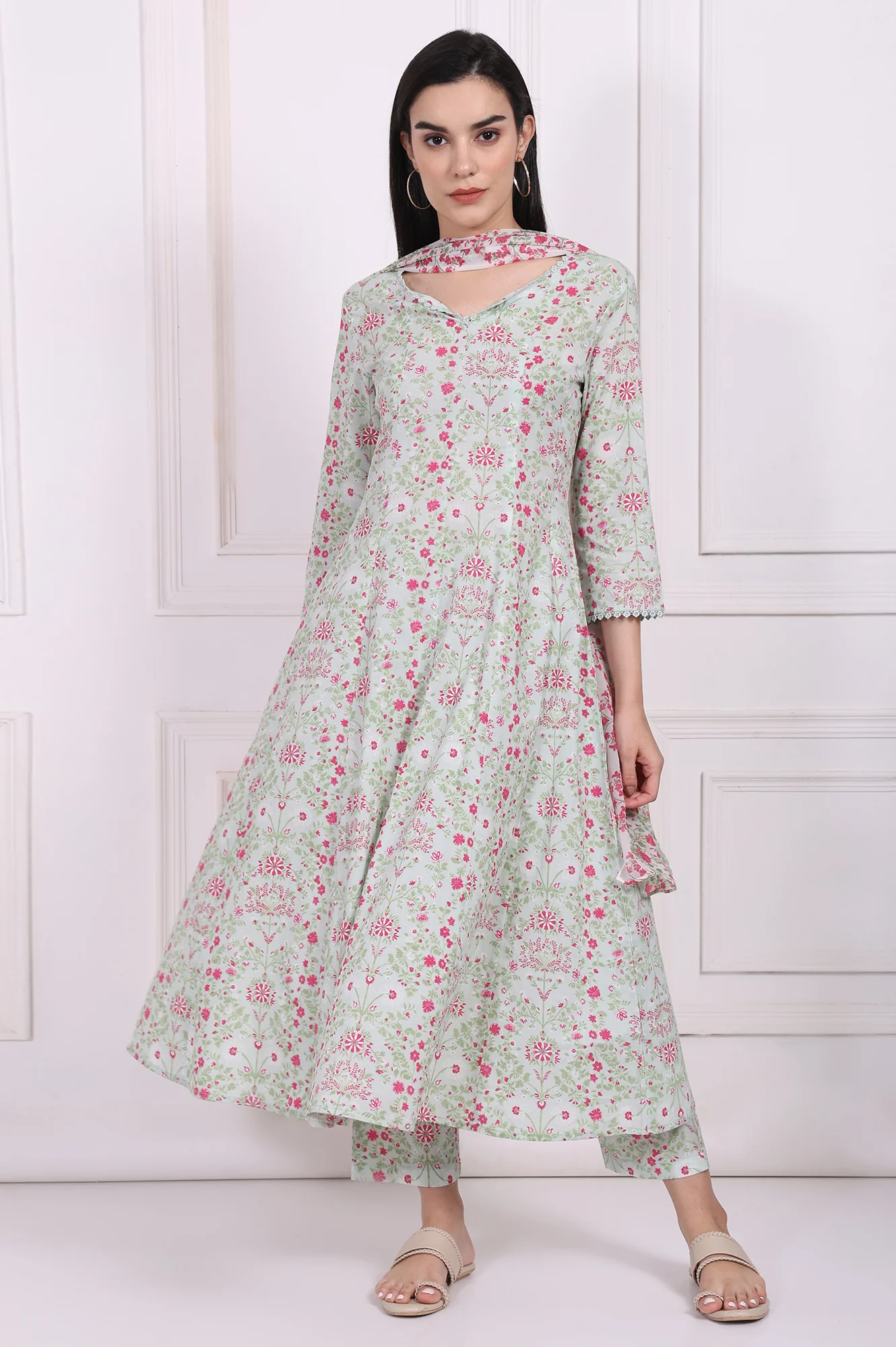 Light Green Floral Printed Lace Trim Anarkali Cotton Kurta with Straight Pant and Dupatta Set - Image 2