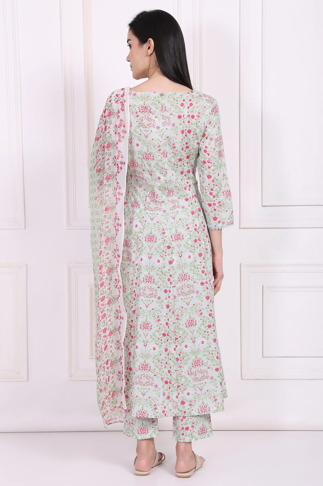 Light Green Floral Printed Lace Trim Anarkali Cotton Kurta with Straight Pant and Dupatta Set - Image 5