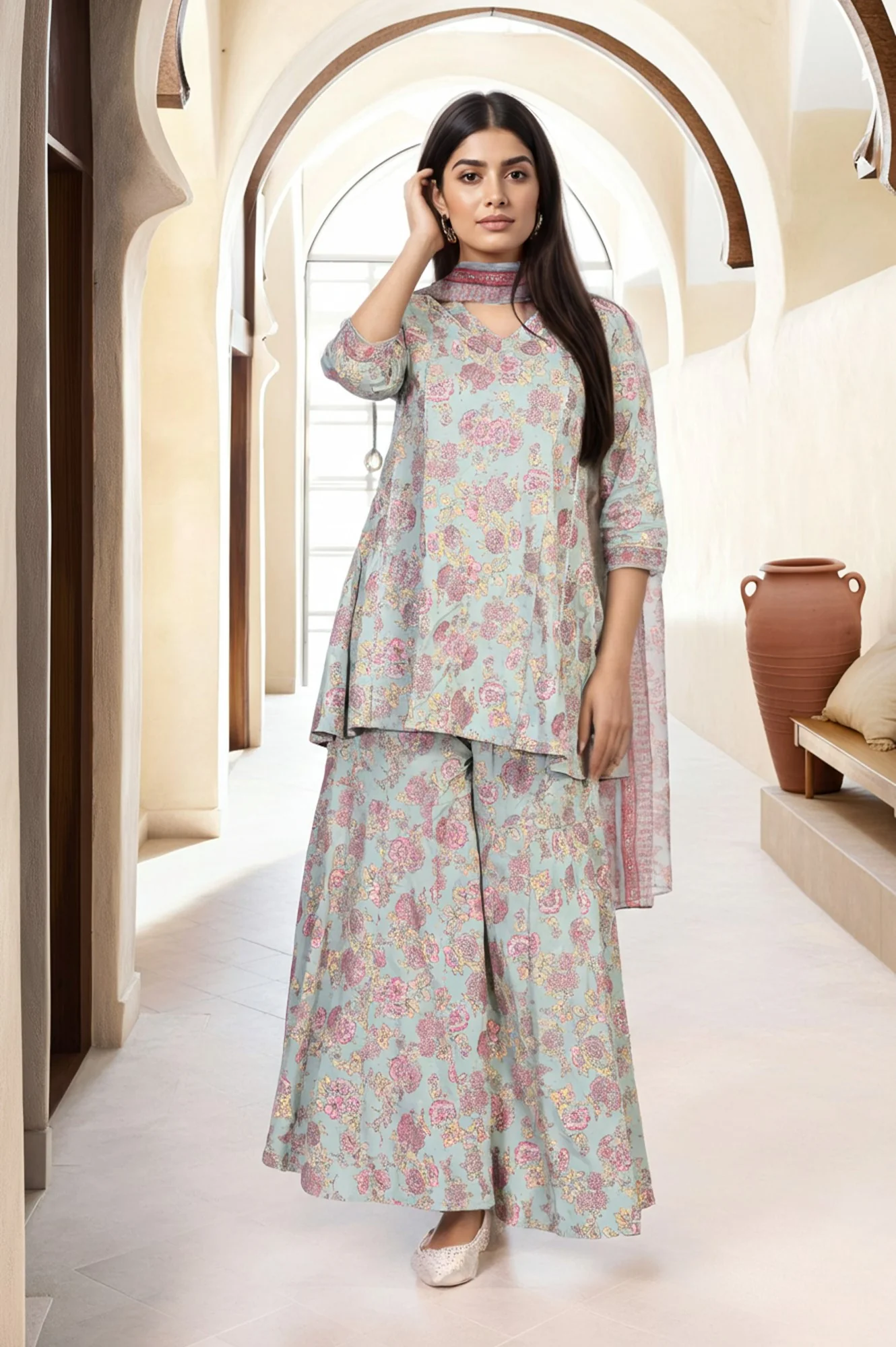 Light Green Floral Printed Lace Trim Peplum Rayon Kurta with Sharara and Dupatta Set - Image 2