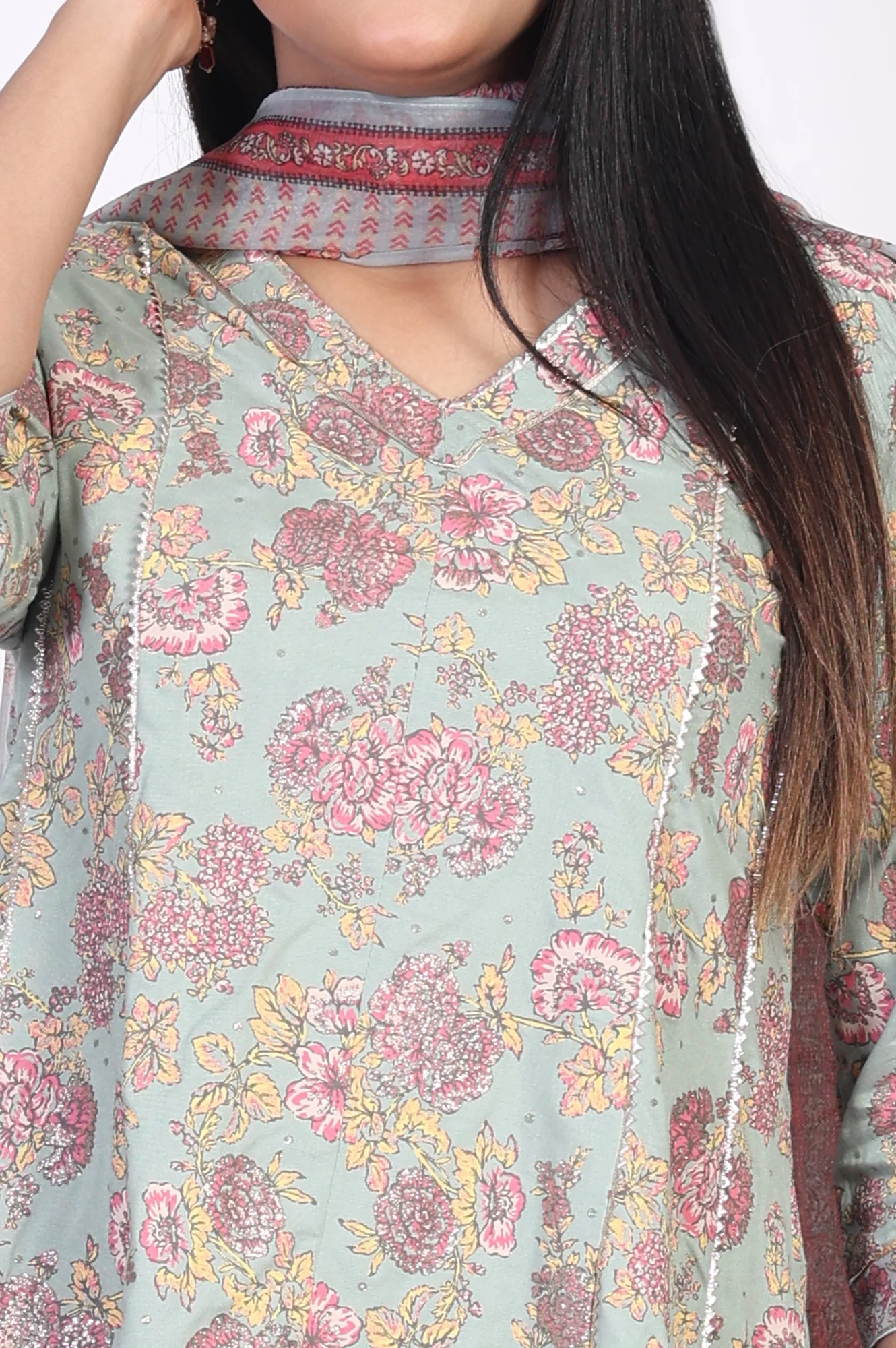 Light Green Floral Printed Lace Trim Peplum Rayon Kurta with Sharara and Dupatta Set - Image 3