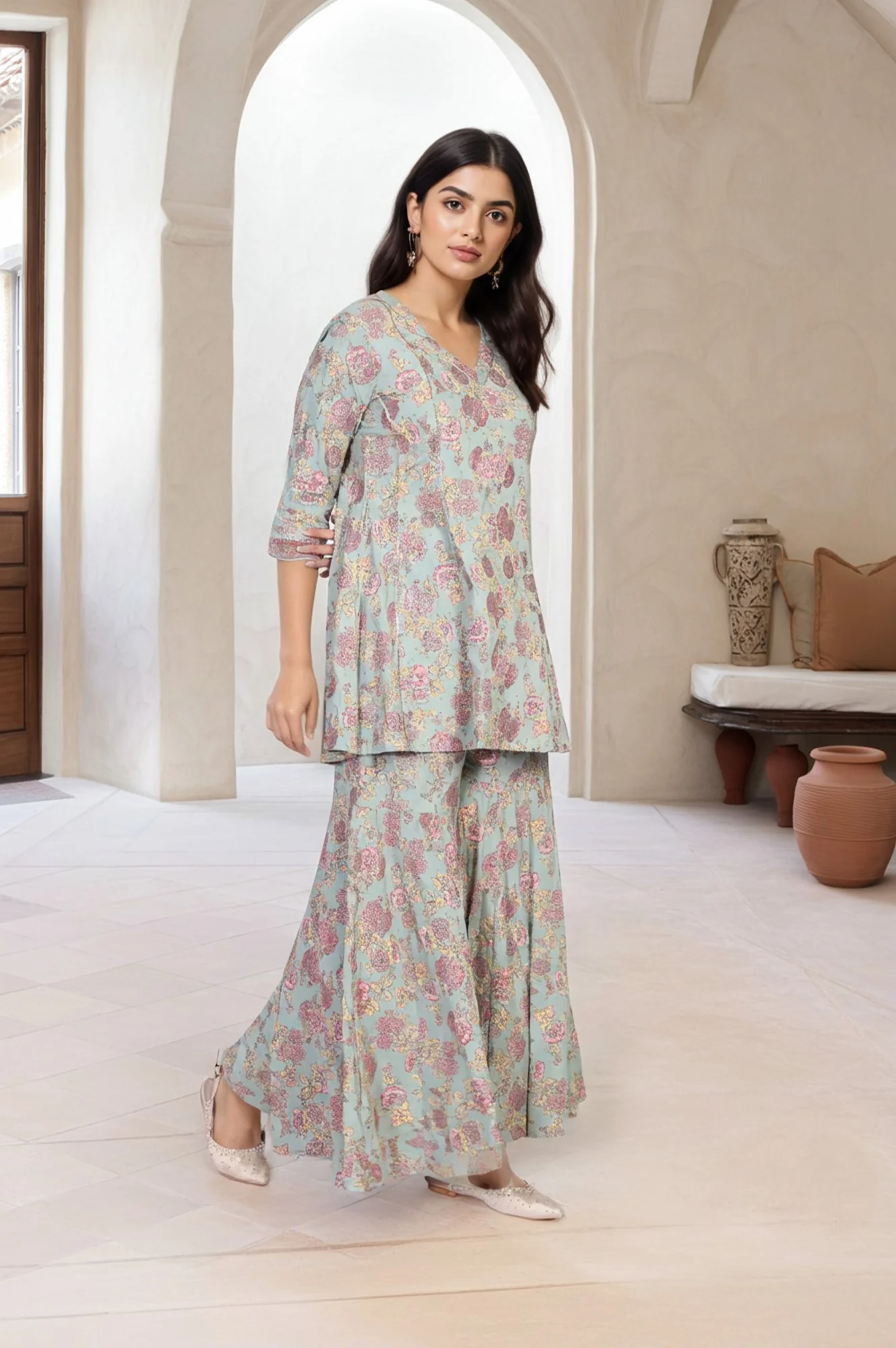 Light Green Floral Printed Lace Trim Peplum Rayon Kurta with Sharara and Dupatta Set - Image 4