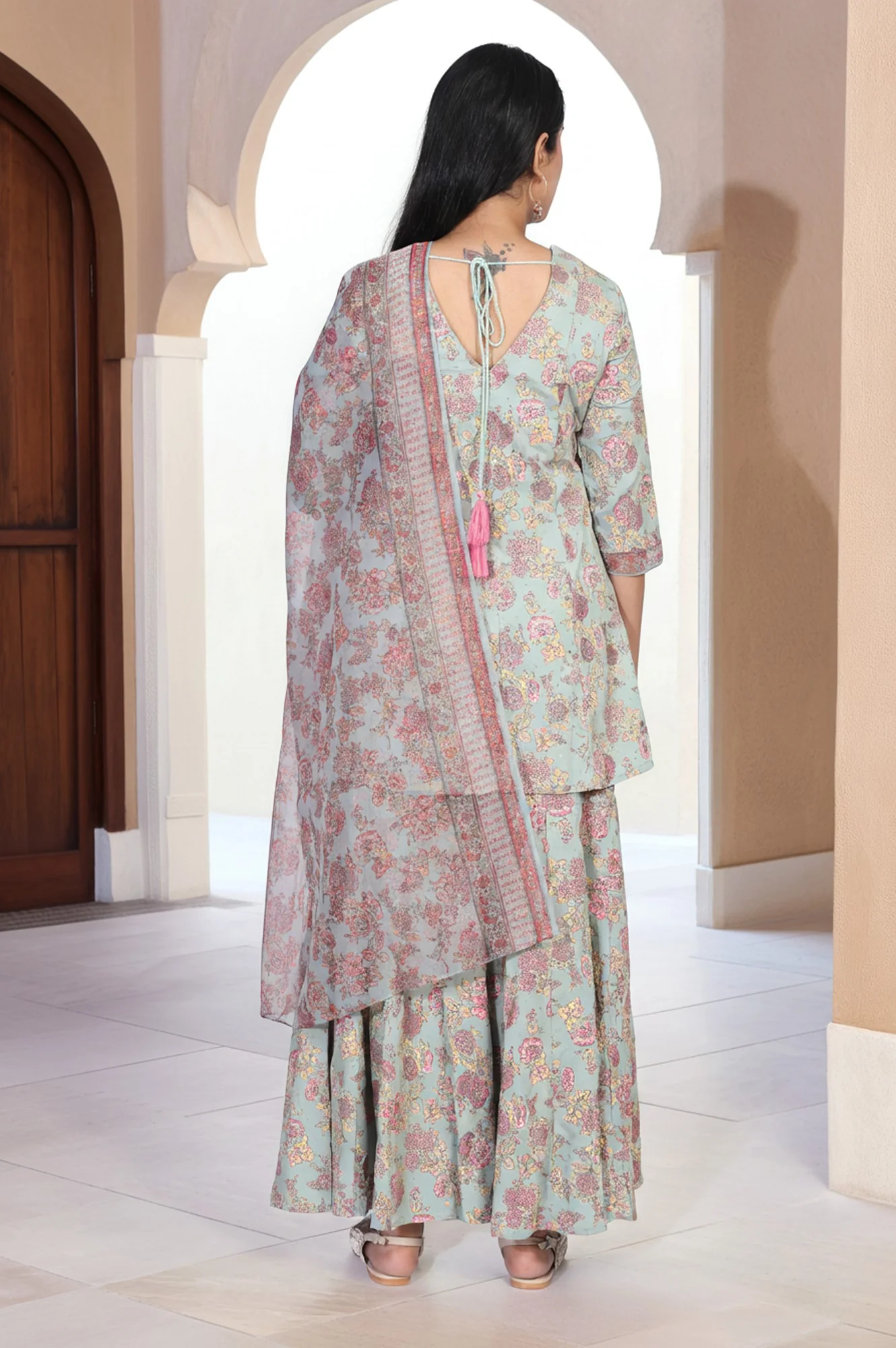 Light Green Floral Printed Lace Trim Peplum Rayon Kurta with Sharara and Dupatta Set - Image 5