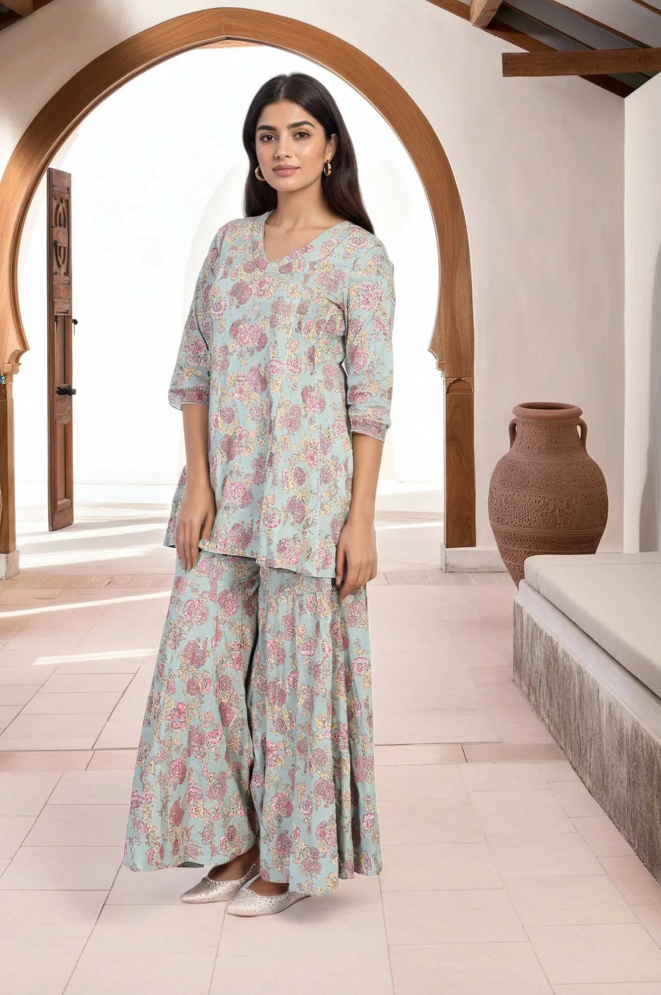 Light Green Floral Printed Lace Trim Peplum Rayon Kurta with Sharara and Dupatta Set - Image 6